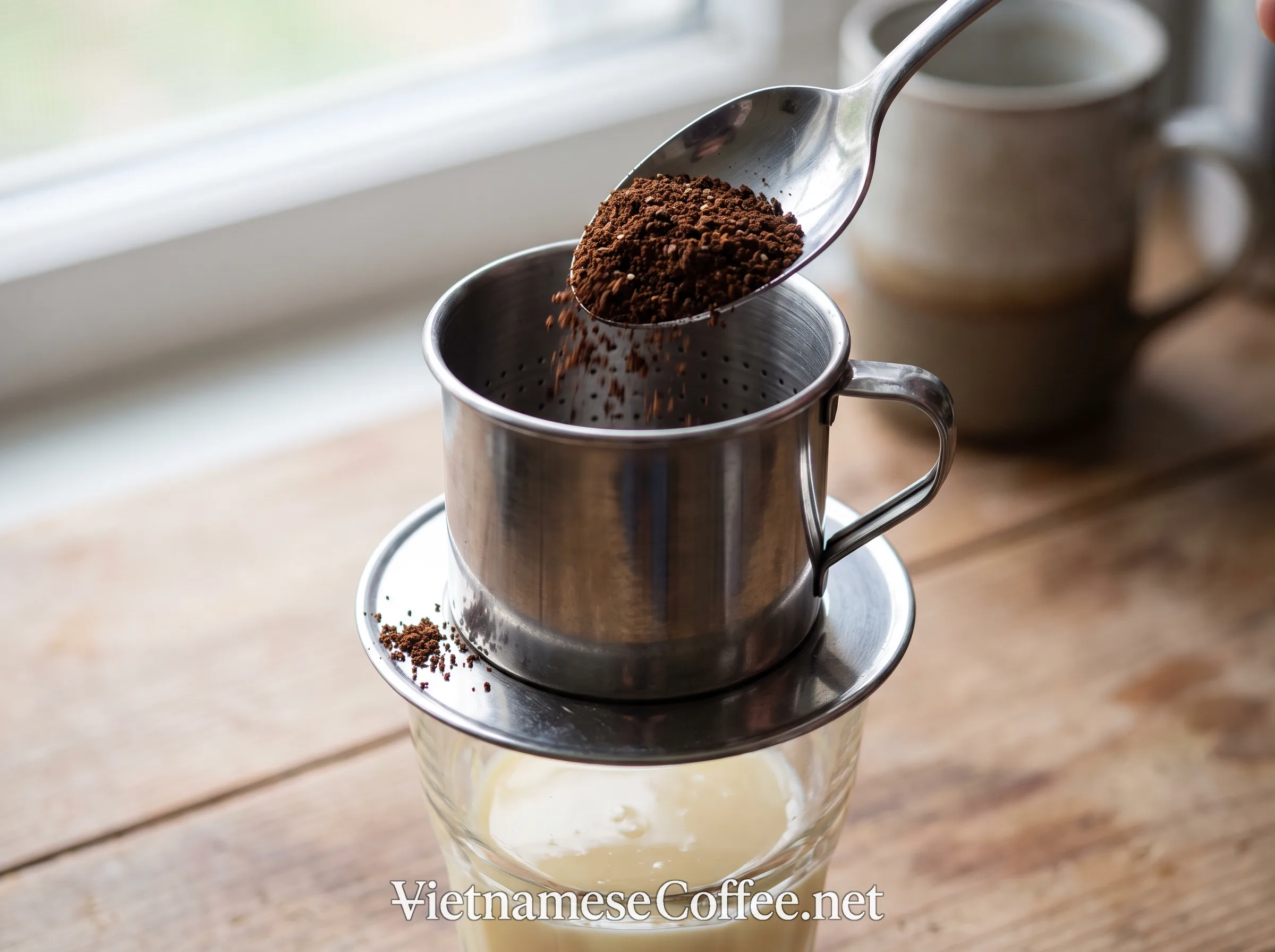 Ground robusta coffee being added to a phin filter set on top of a glass