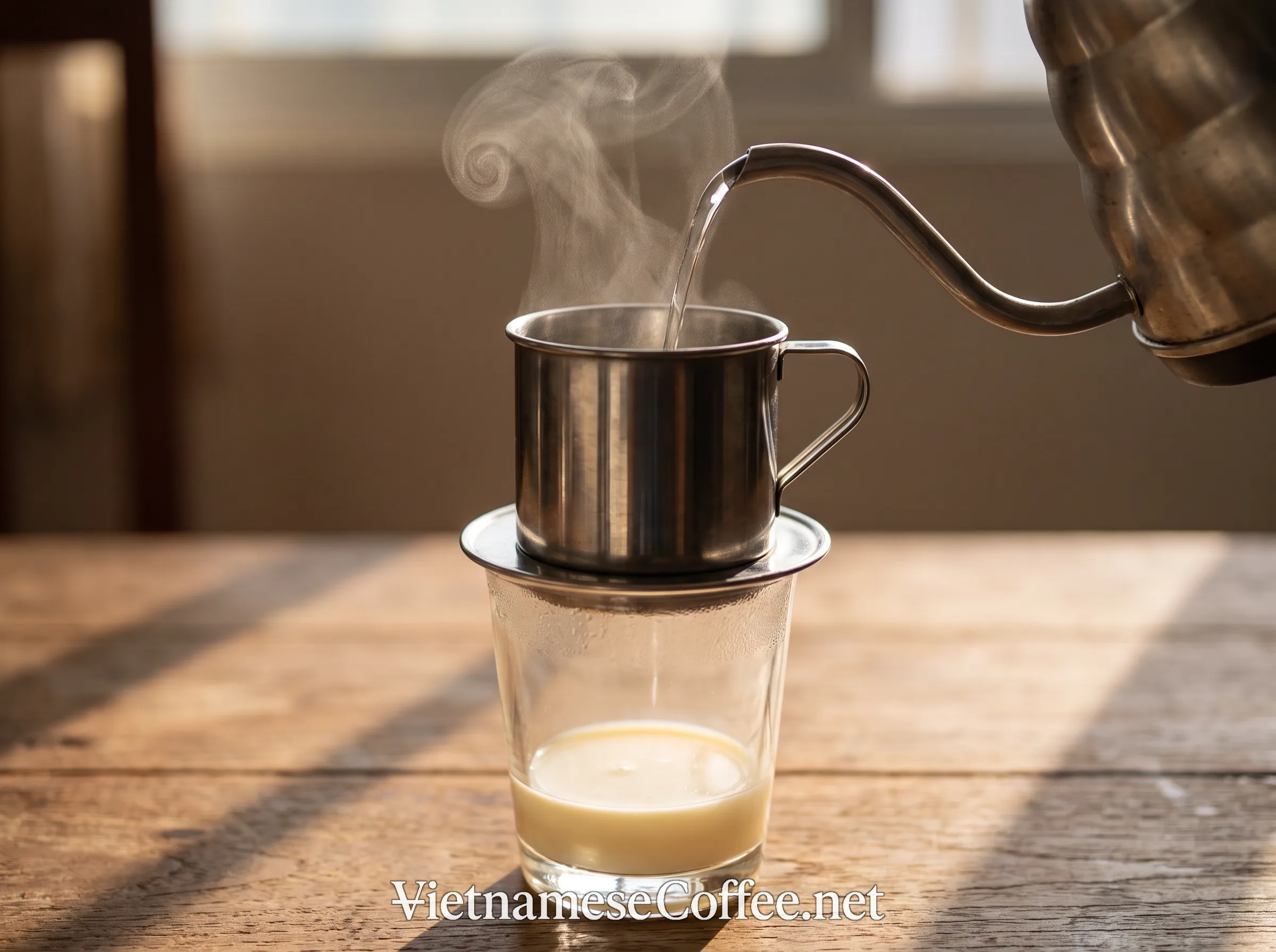 Hot water being poured into a phin filter positioned over condensed milk