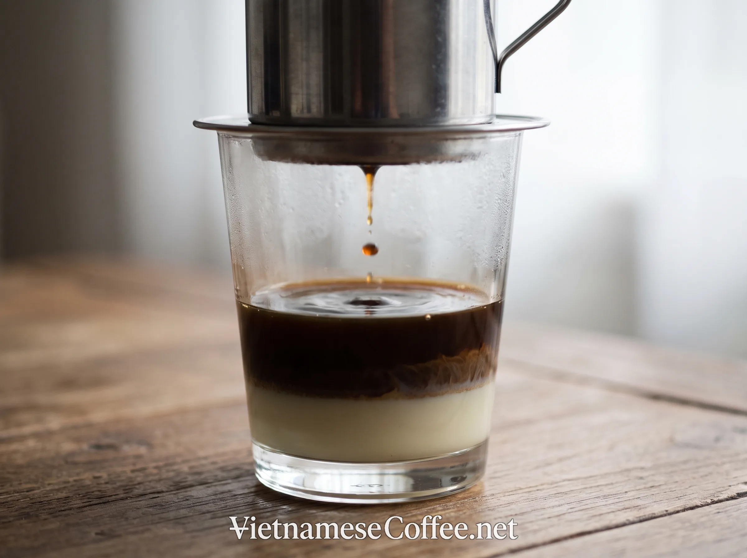 Dark coffee dripping and pooling on top of condensed milk in a glass