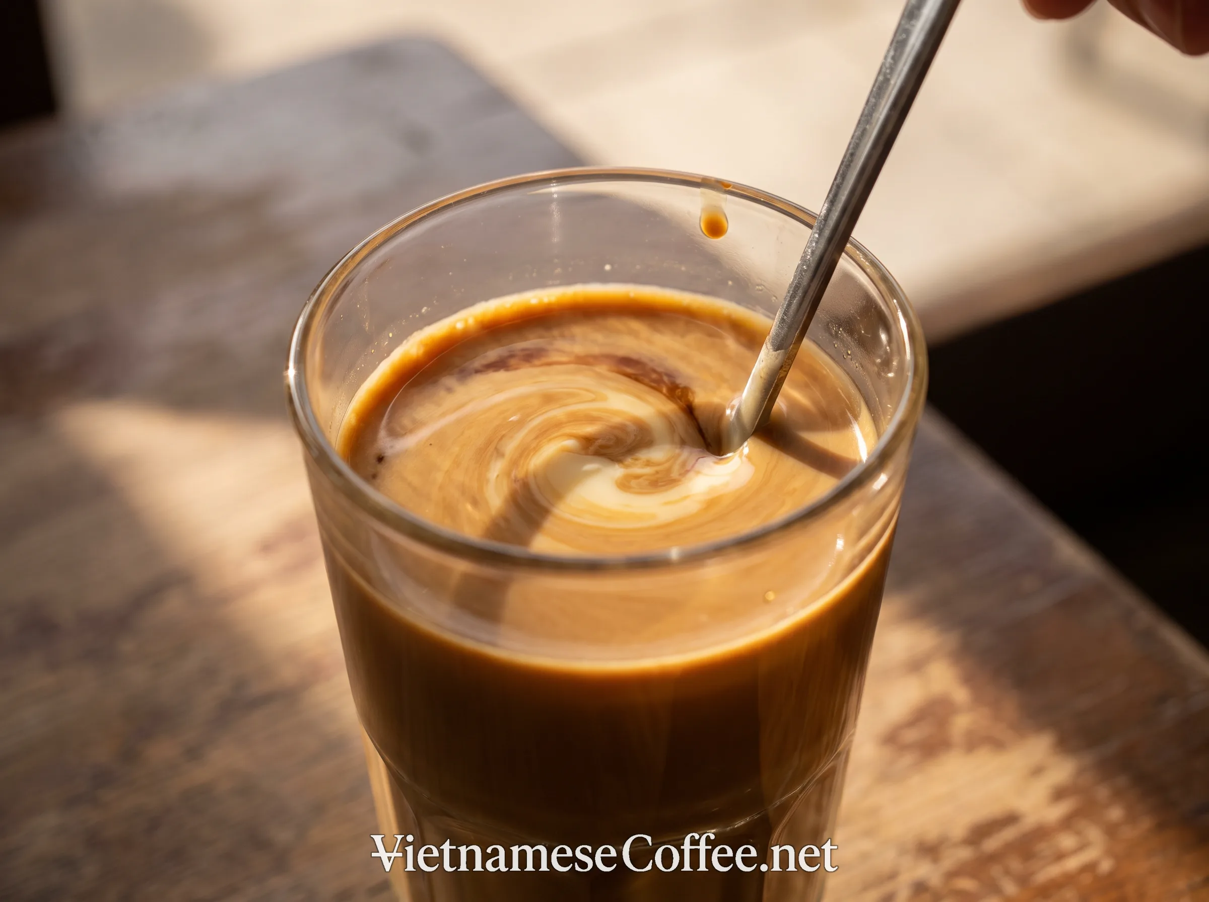 A spoon stirring coffee and condensed milk into one uniform color