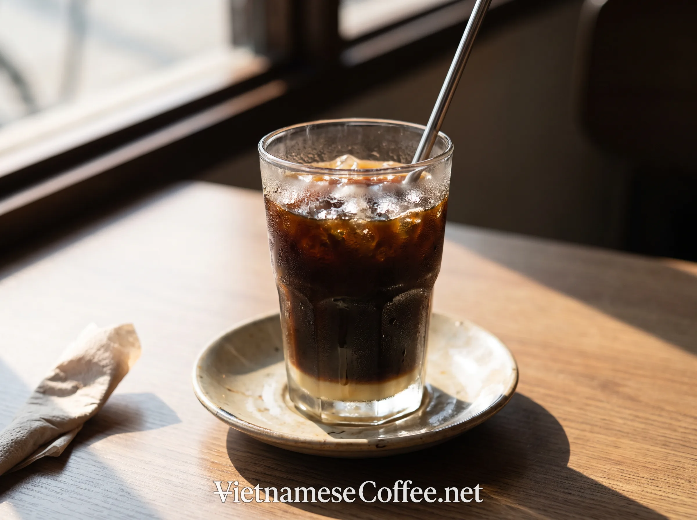 A finished glass of Vietnamese iced coffee with a straw, filled with ice