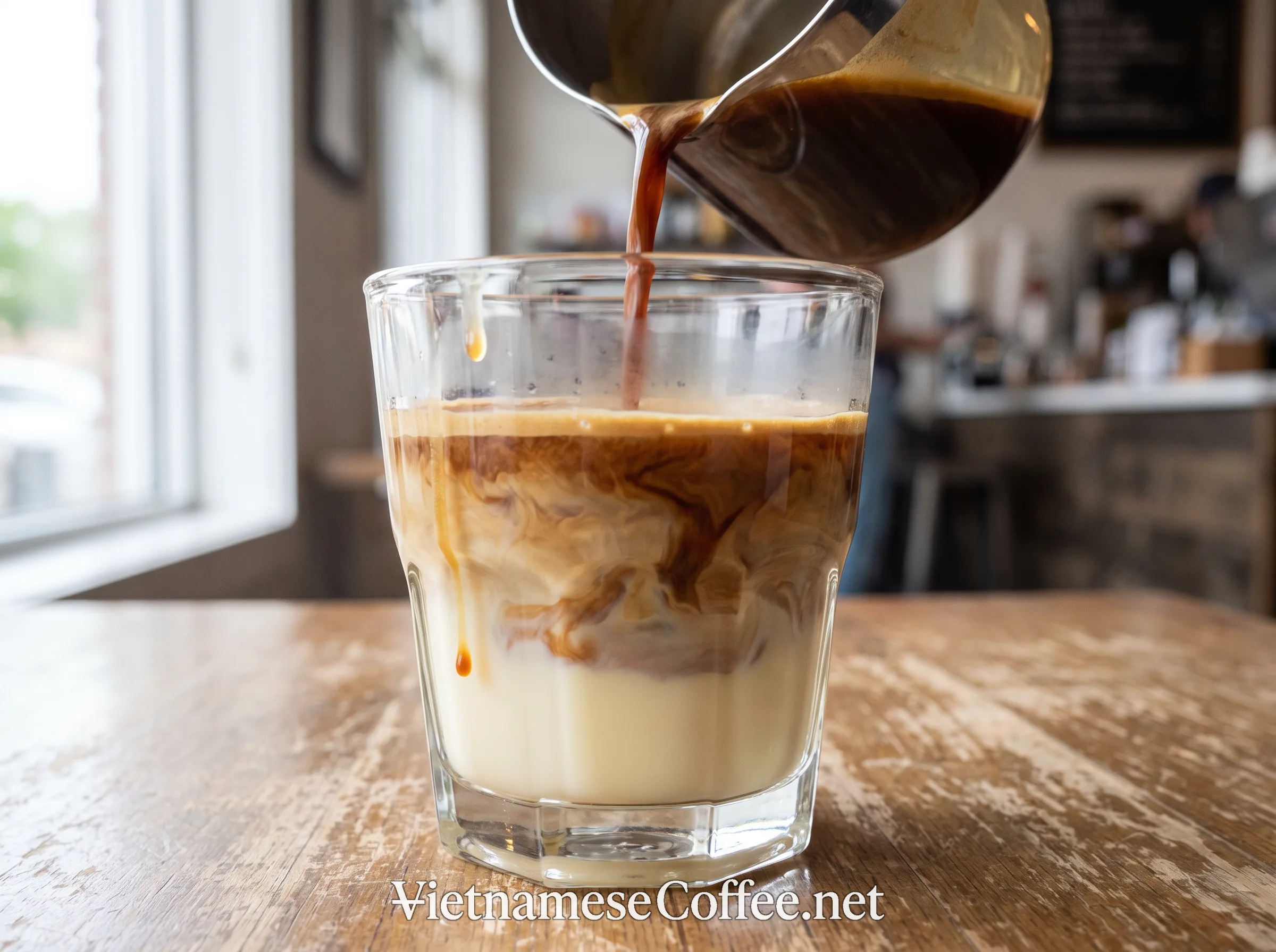 Strong coffee being poured over condensed milk in a glass