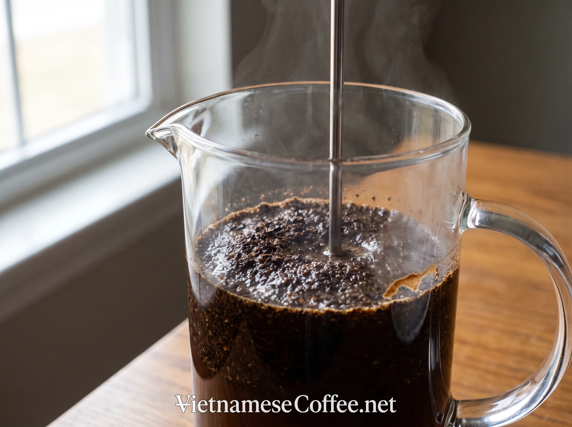 Coarse coffee grounds steeping in a French press before pressing