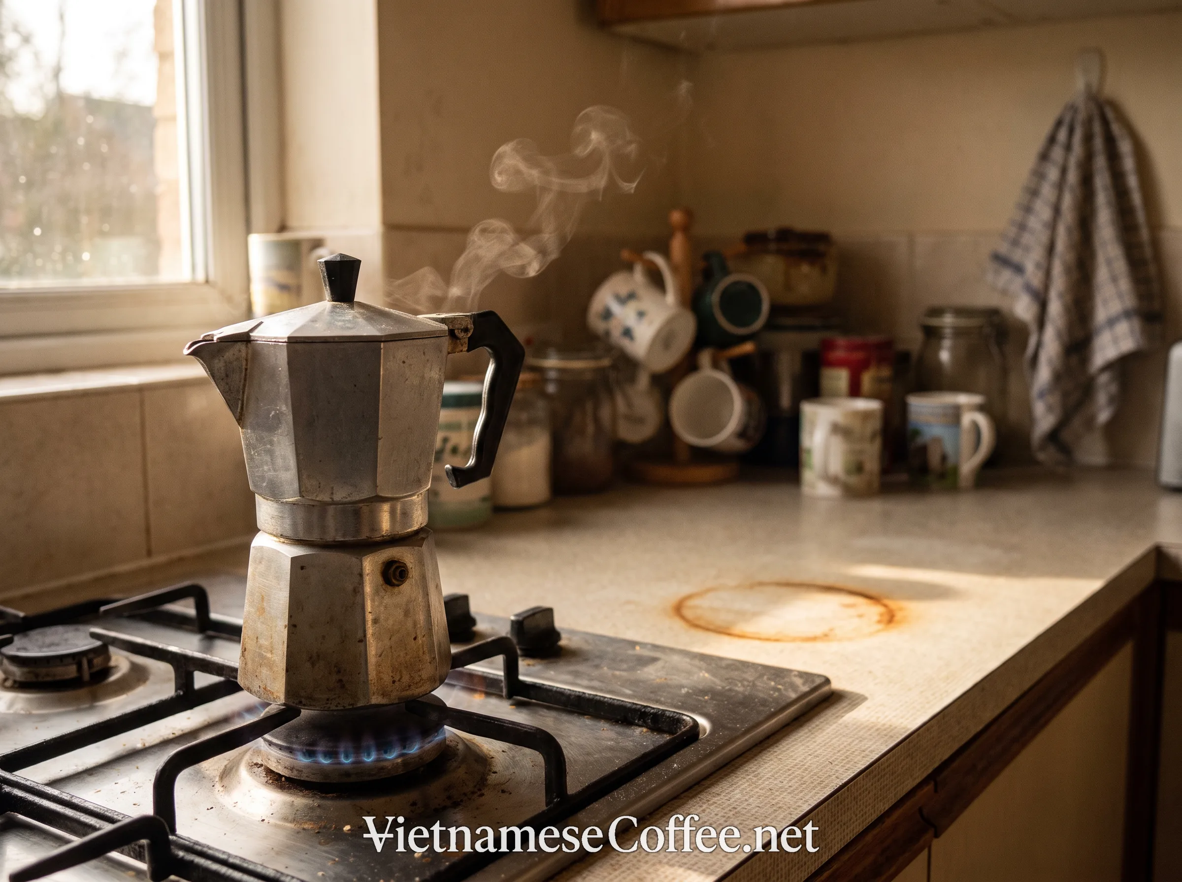 A stovetop moka pot brewing strong coffee on a burner