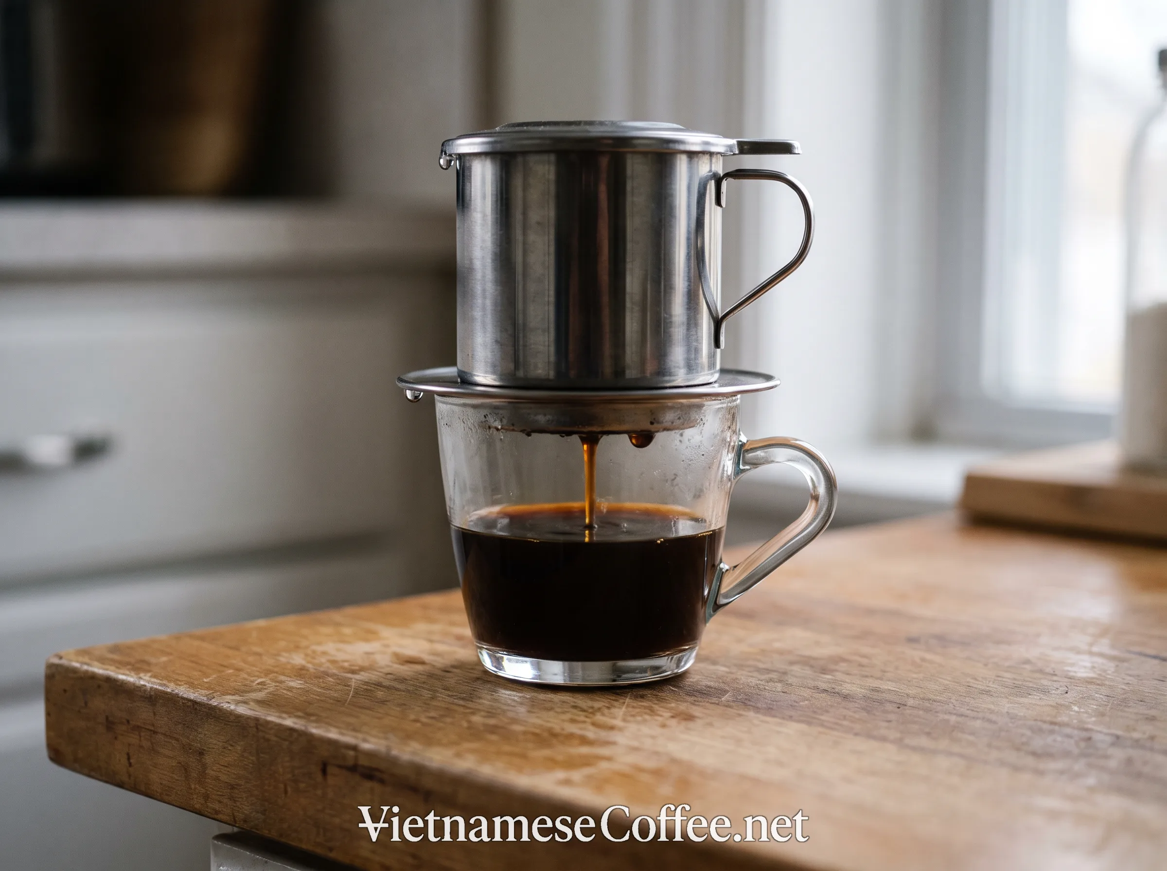 A phin filter dripping strong coffee into a small cup