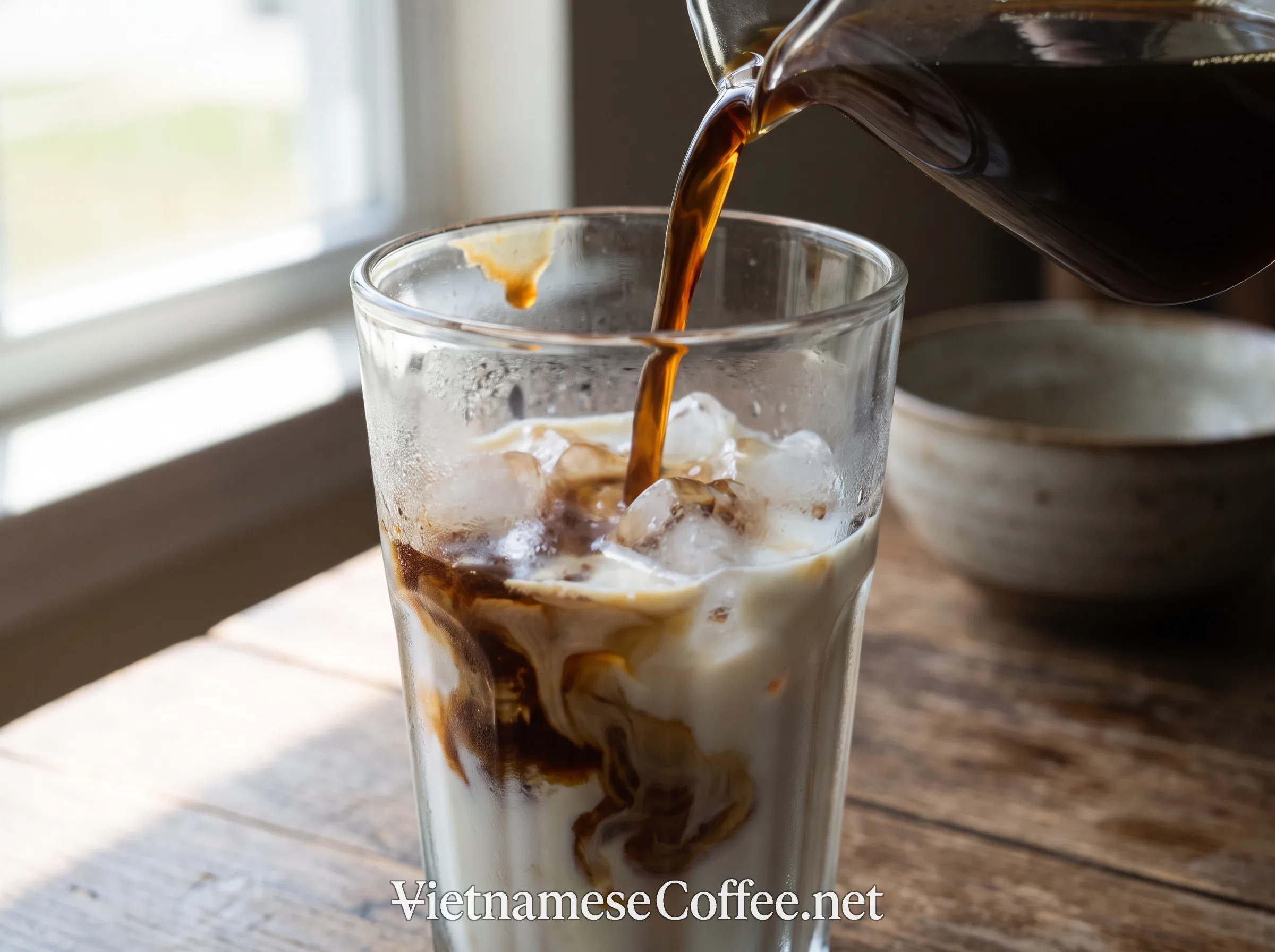 Coffee being poured over ice and yogurt in a tall glass