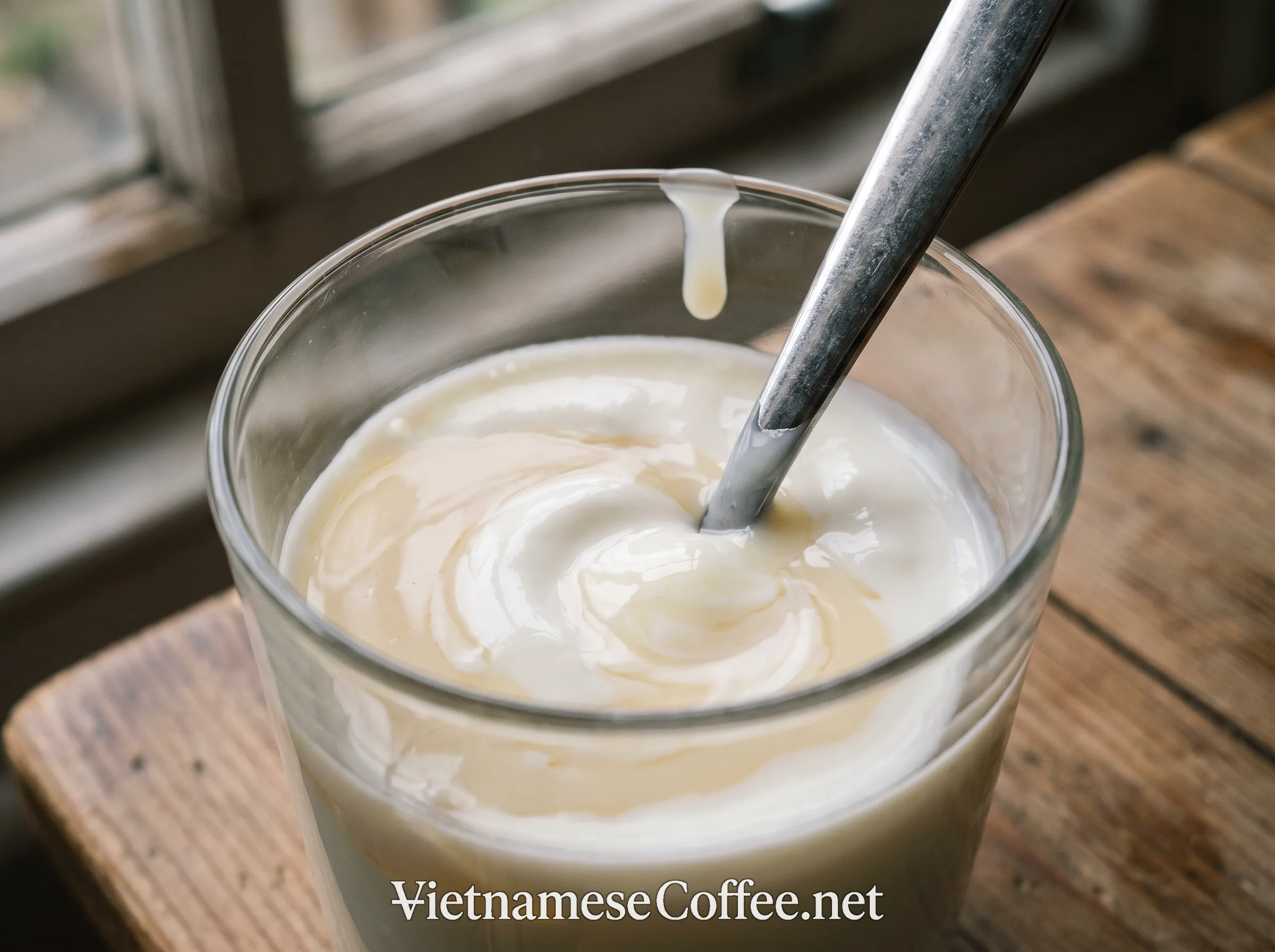 Plain yogurt and condensed milk being stirred together in a glass