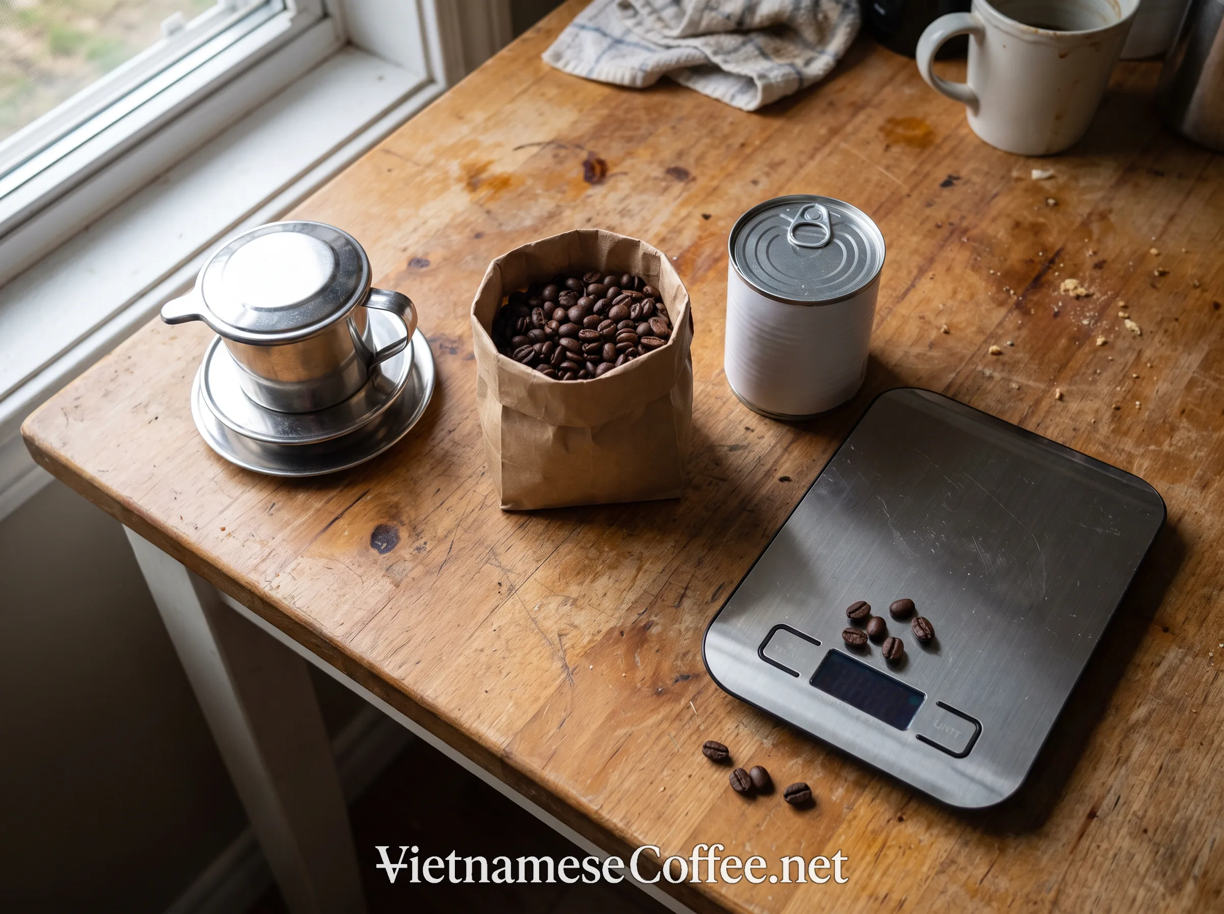 A Vietnamese coffee phin, robusta beans, and condensed milk on a Canadian kitchen counter