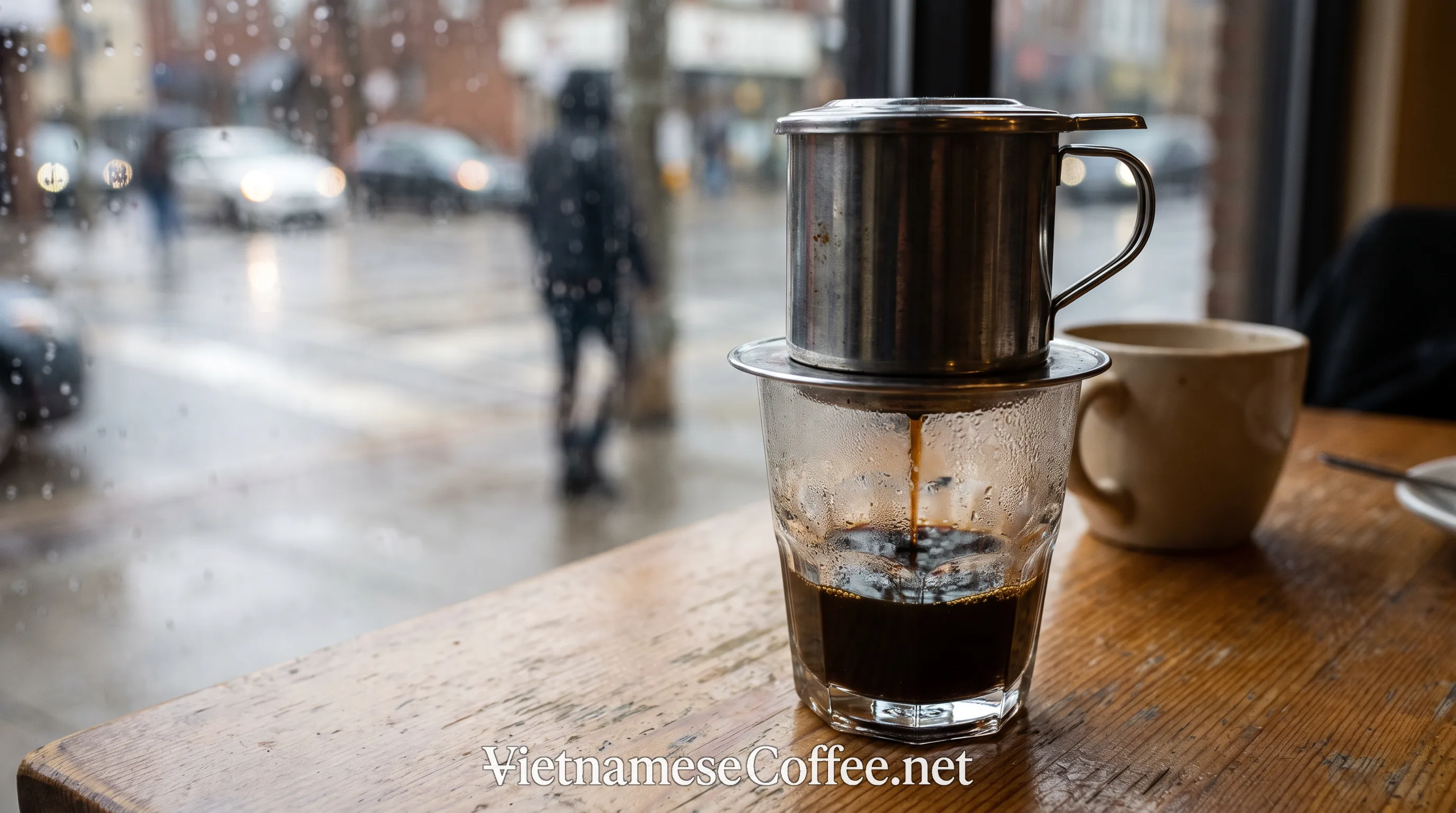 A phin filter brewing Vietnamese coffee in a Canadian cafe