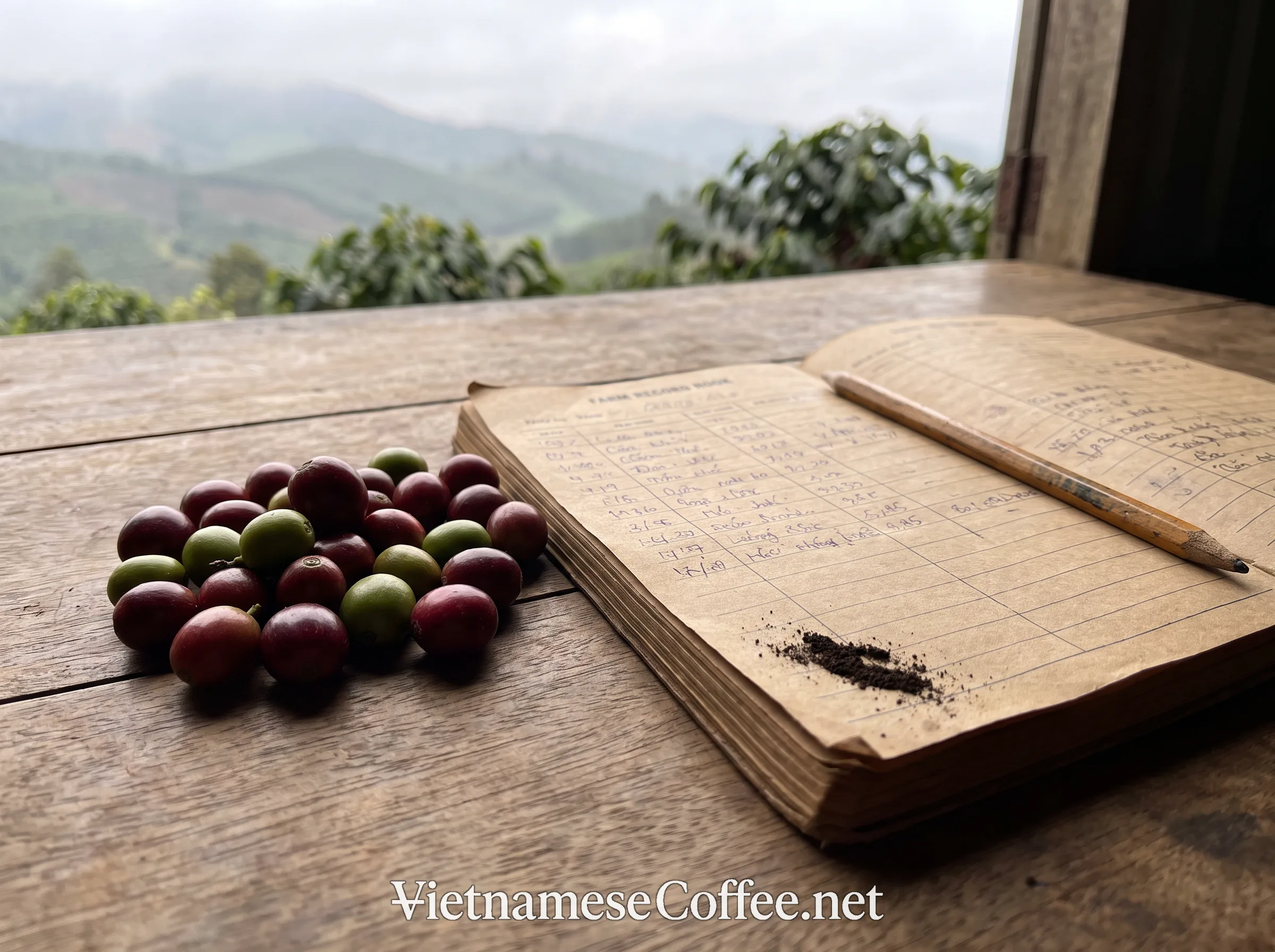 Coffee cherries and an unbranded farm record book used for traceability