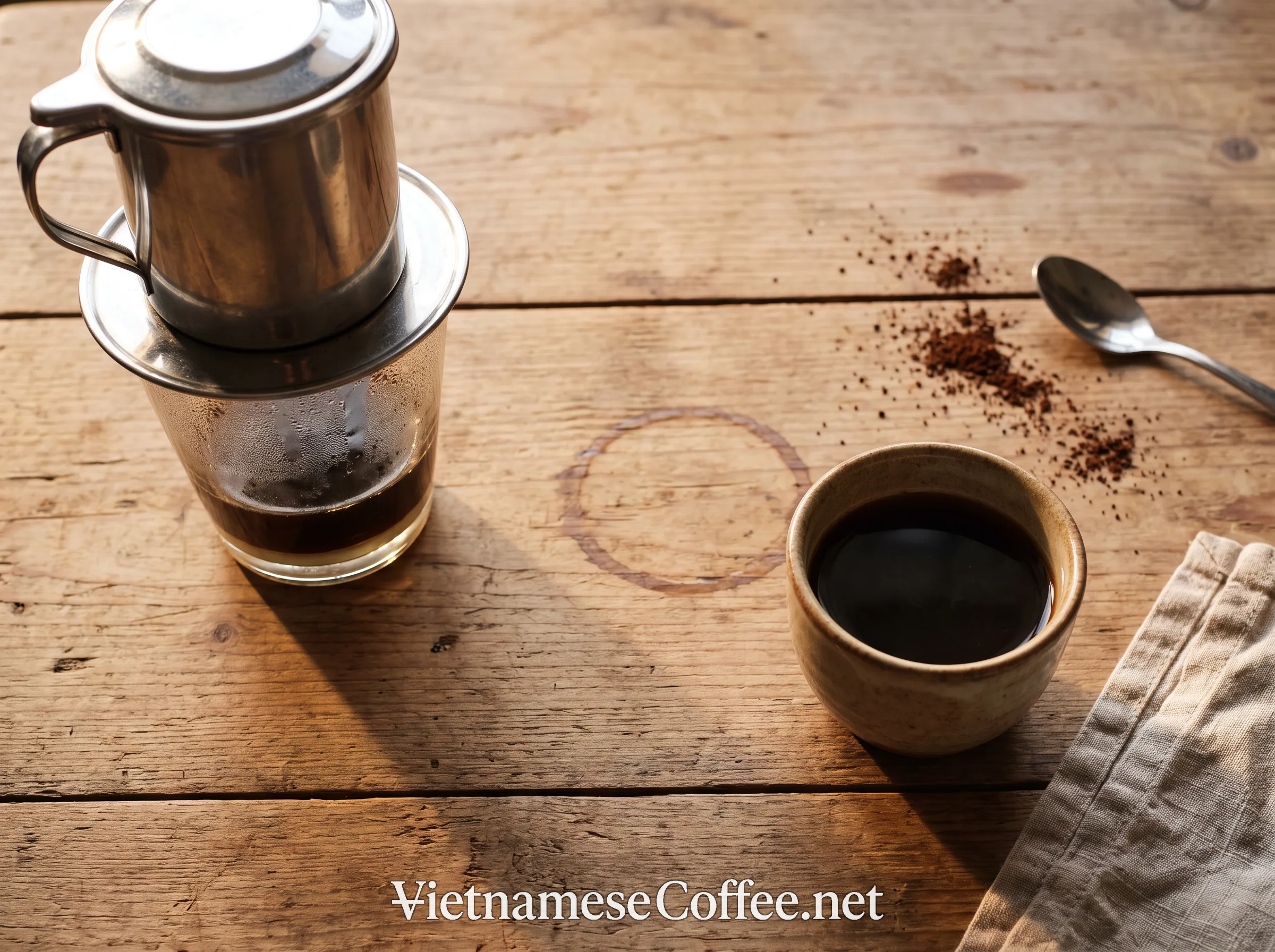 A Vietnamese phin filter beside a small cup of Colombian tinto coffee