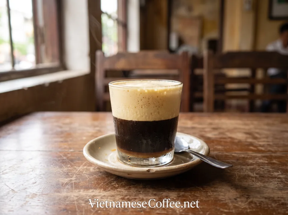Glass of Vietnamese egg coffee with its signature foam layer