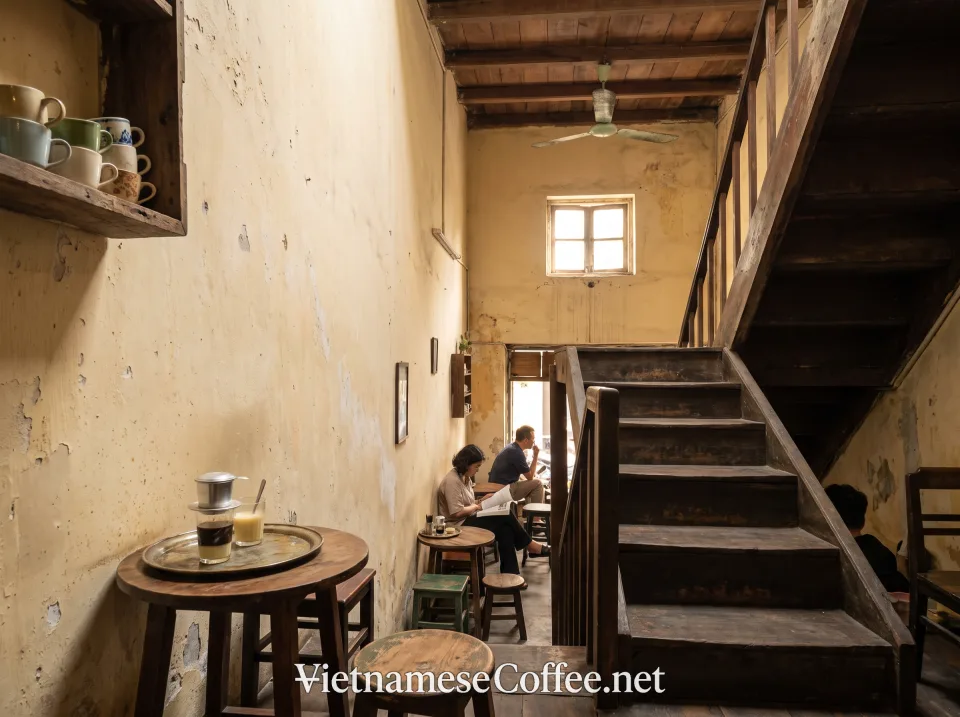 Narrow traditional cafe interior in Hà Nội's Old Quarter