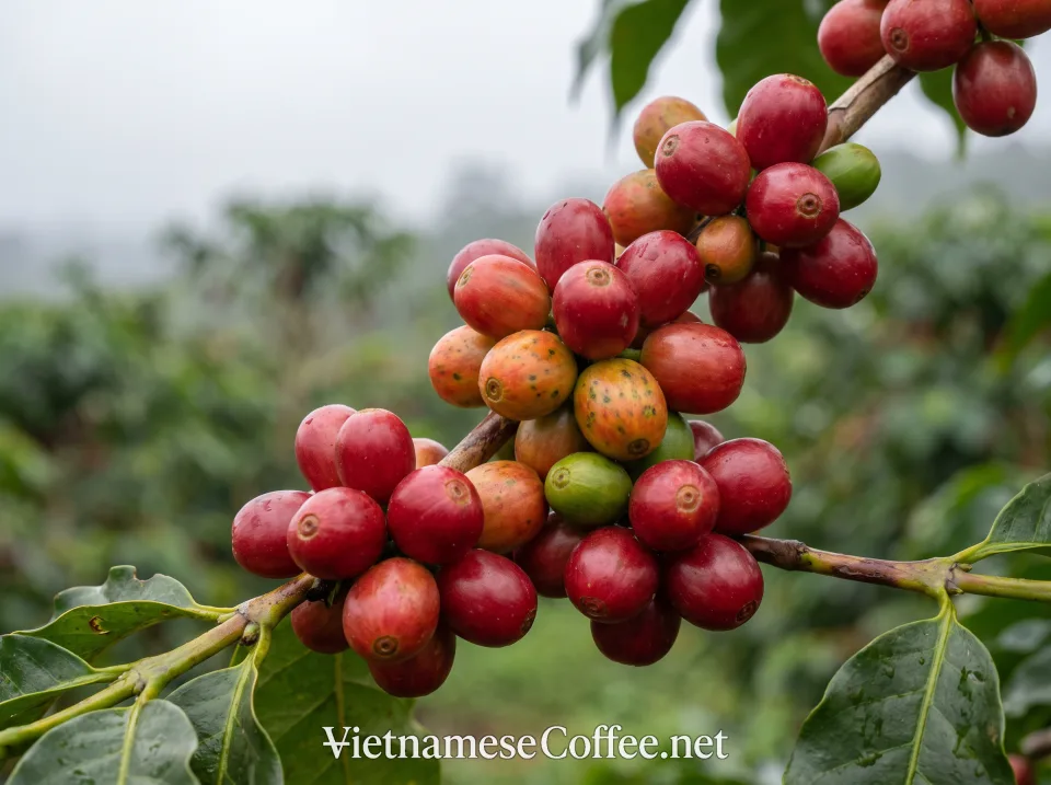Ripe arabica coffee cherries on the branch in Đà Lạt, Vietnam