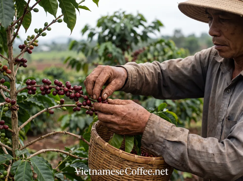 Hand-picking ripe coffee cherries during harvest in Đắk Lắk, Vietnam