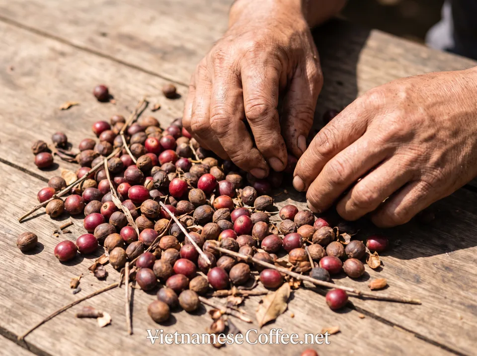 A worker hand-sorting Đắk Nông coffee cherries on a sorting table