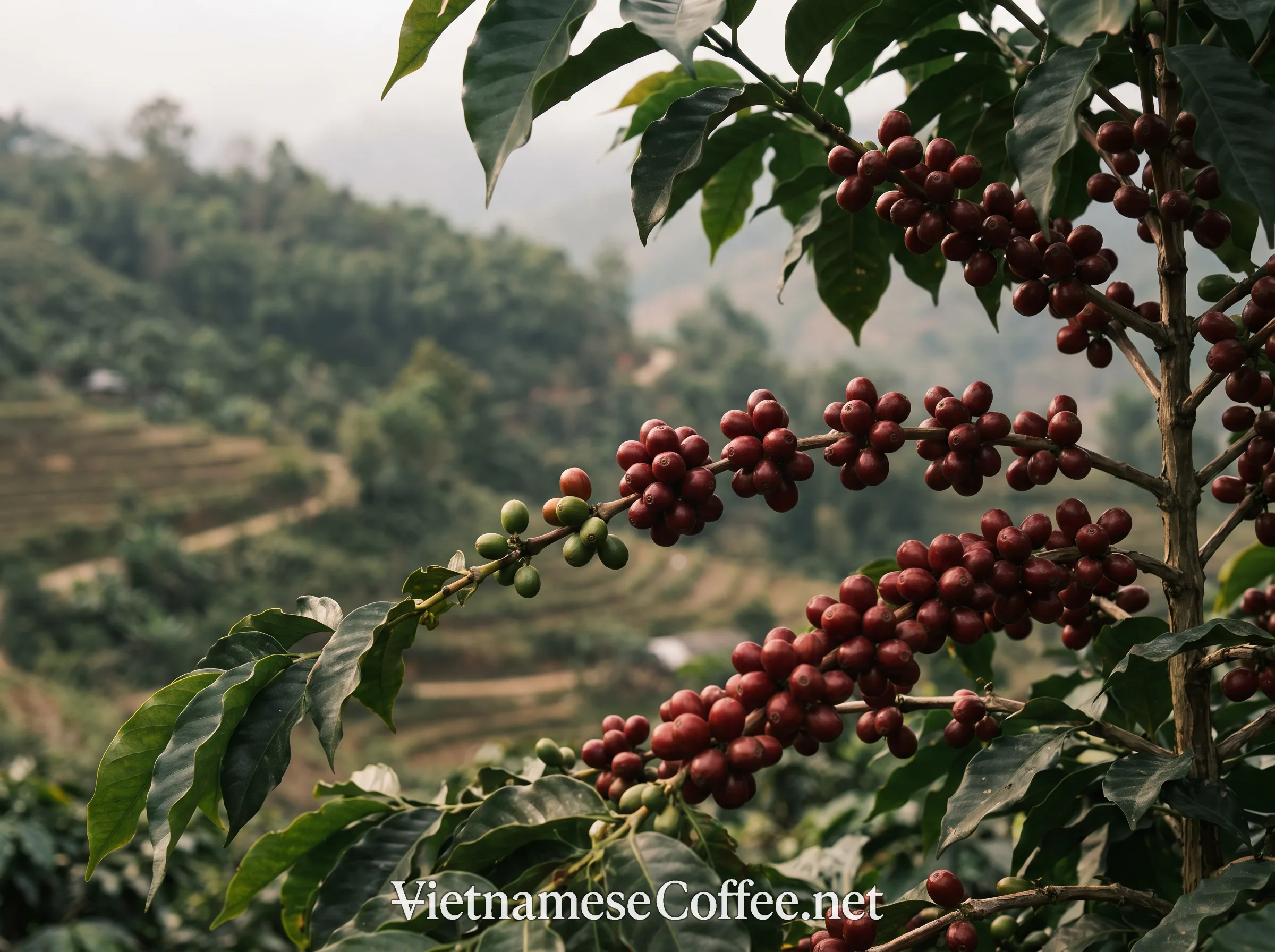 Ripe Arabica coffee cherries growing in the Mường Ảng district of Điện Biên