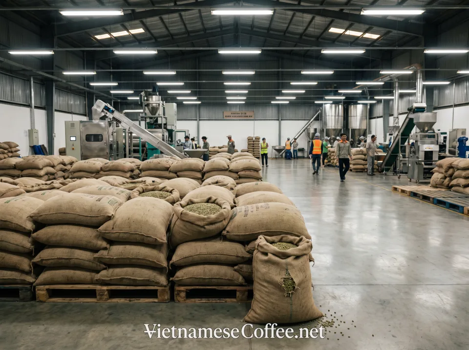 Green Đồng Nai coffee beans inside an industrial processing facility