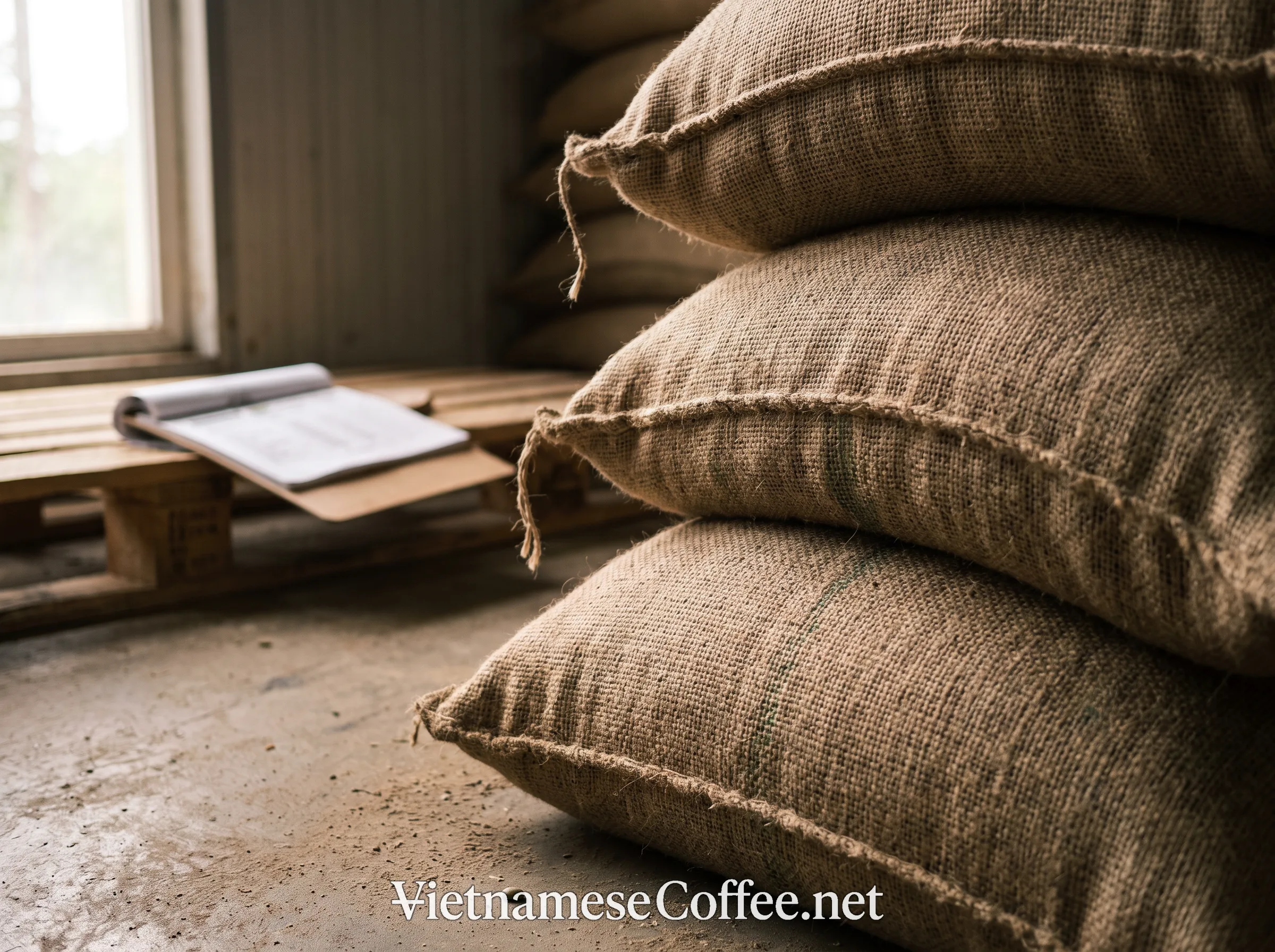 Stacked burlap sacks of green coffee ready for export inspection