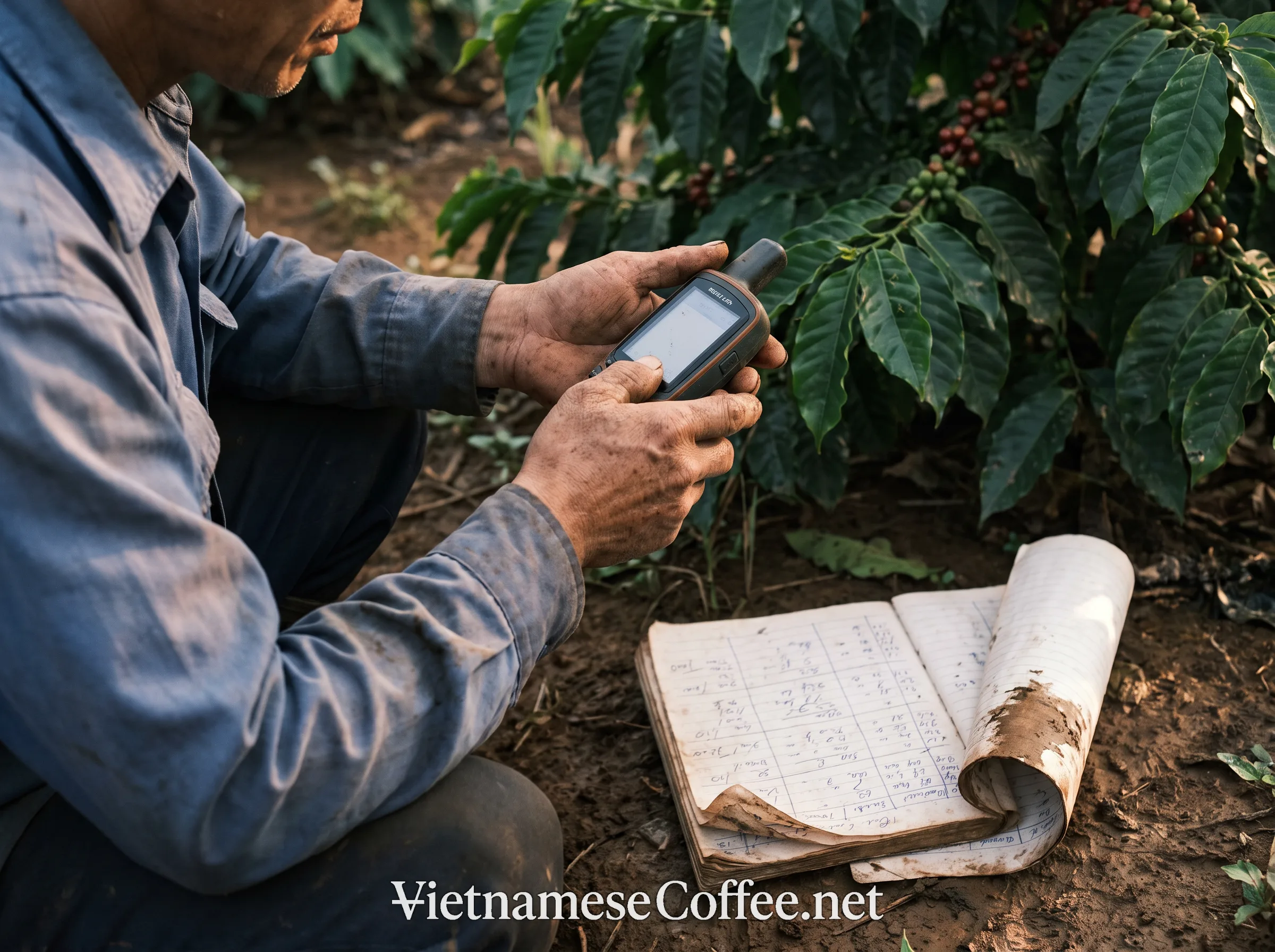 A worker recording GPS coordinates on a Vietnamese coffee farm plot
