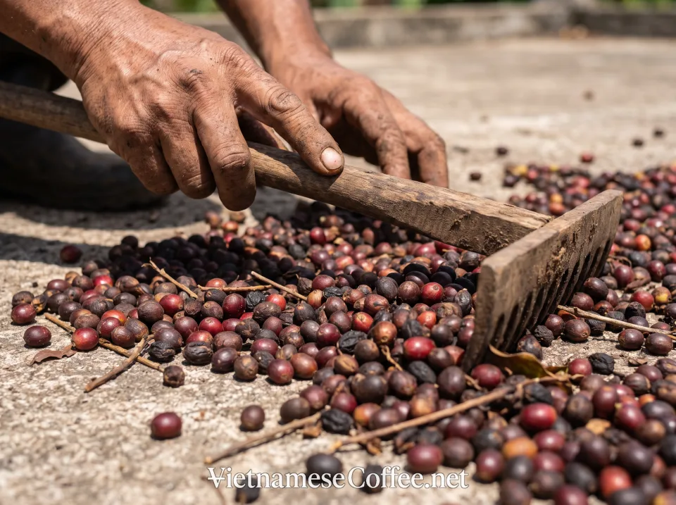 A worker hand-turning whole coffee cherries drying in the sun on a patio in Gia Lai