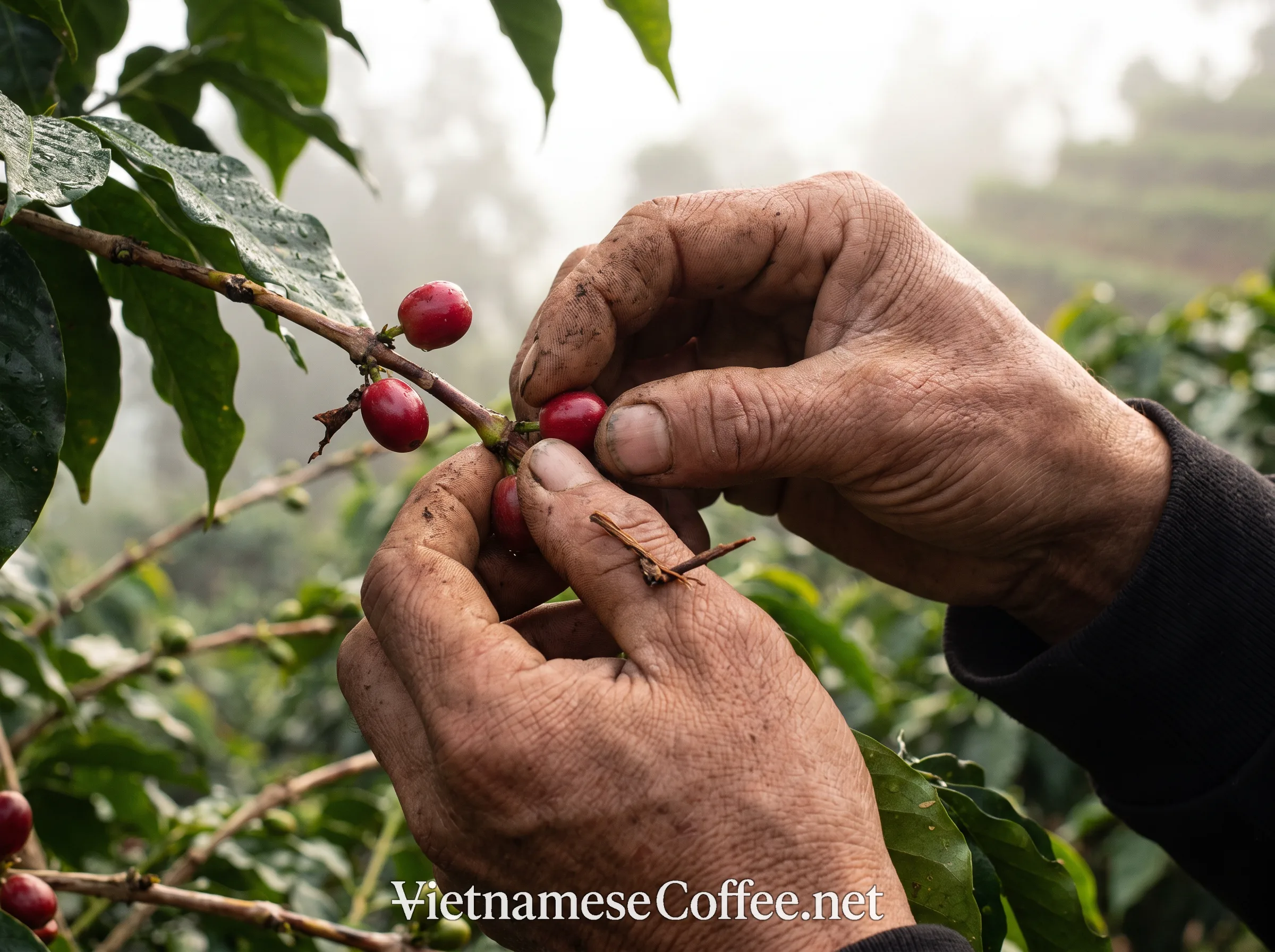 A farmer selectively hand-picking arabica coffee cherries in Vietnam