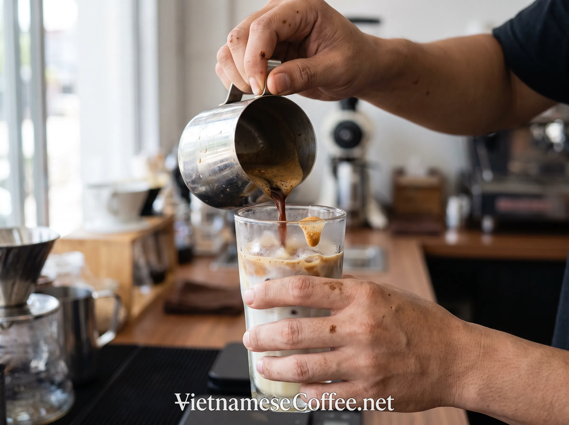 A barista pouring dark robusta coffee over a glass of iced milk for bạc xỉu