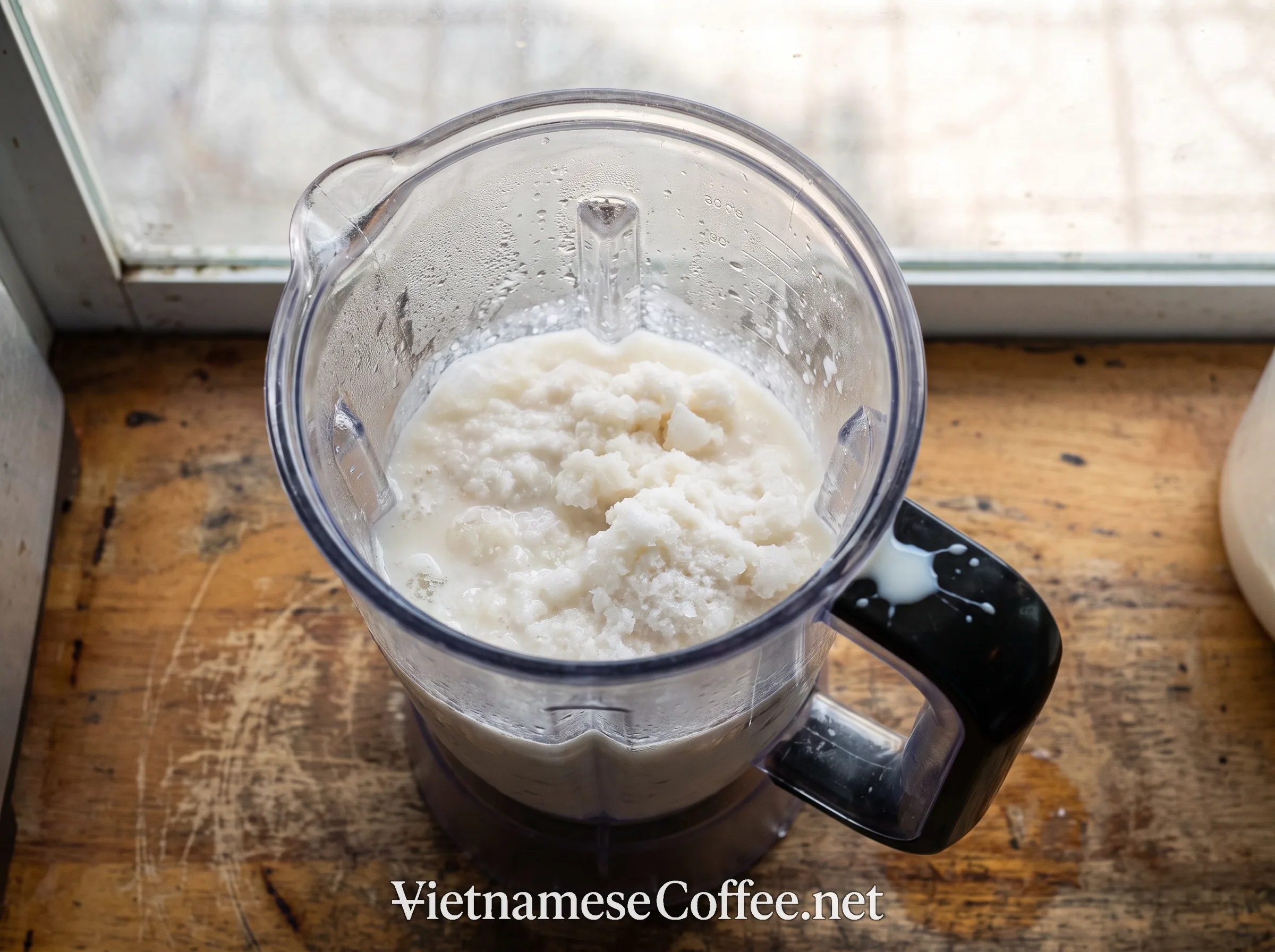 Coconut cream, condensed milk, and crushed ice being blended for Vietnamese coconut coffee