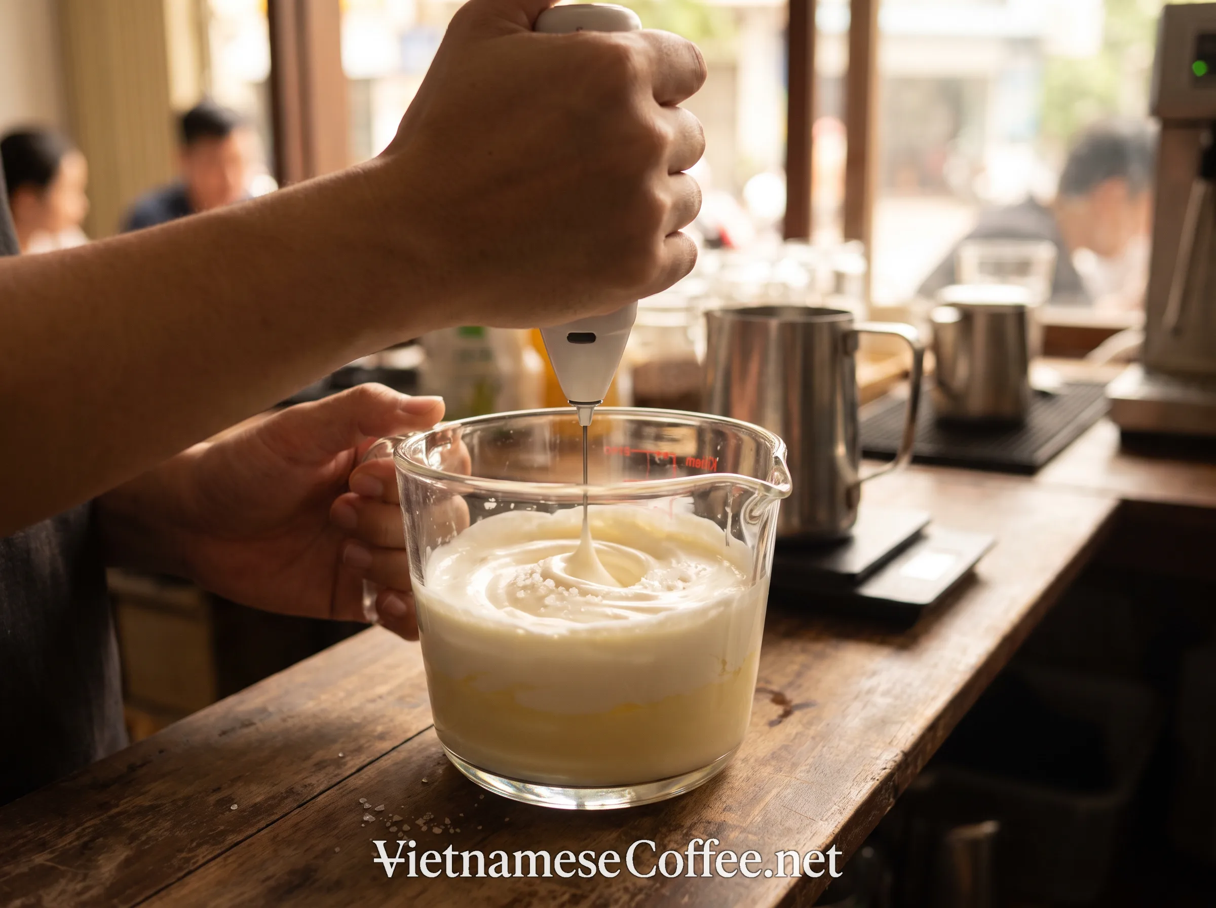 A hand whisking salted cream to soft peaks for Vietnamese salt coffee