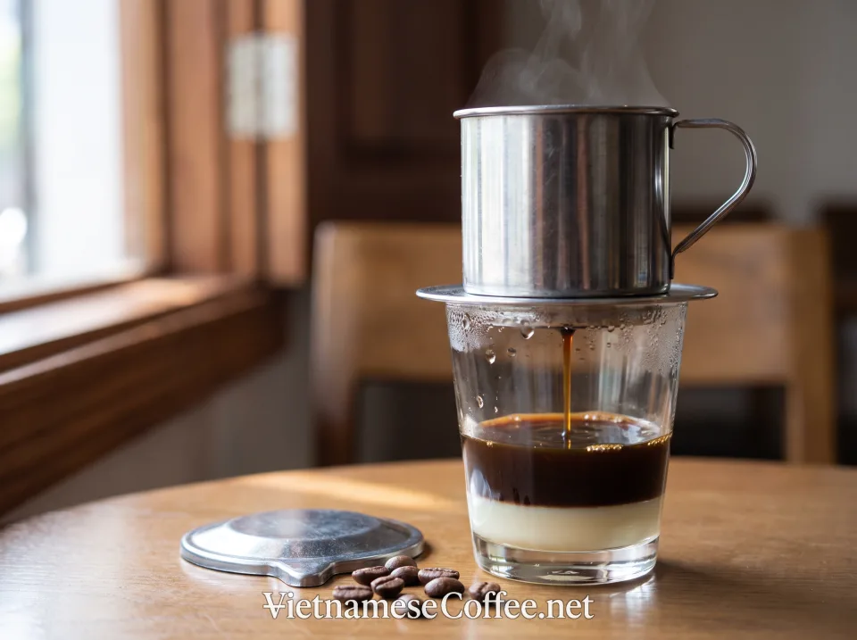 Phin filter dripping coffee over condensed milk in a glass