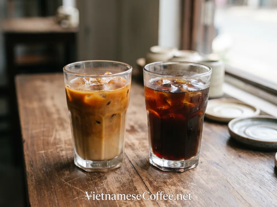 Vietnamese iced coffee beside black iced coffee for comparison