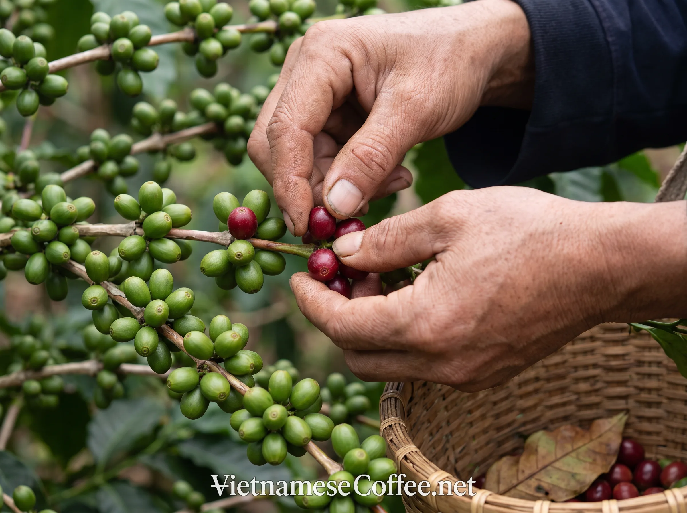 A farmer hand-picking only the ripest red robusta cherries in Vietnam