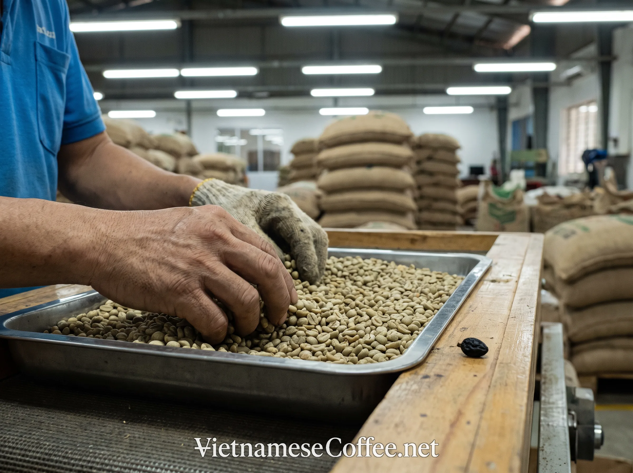 Workers sorting and grading raw green coffee beans at a Vietnamese export facility