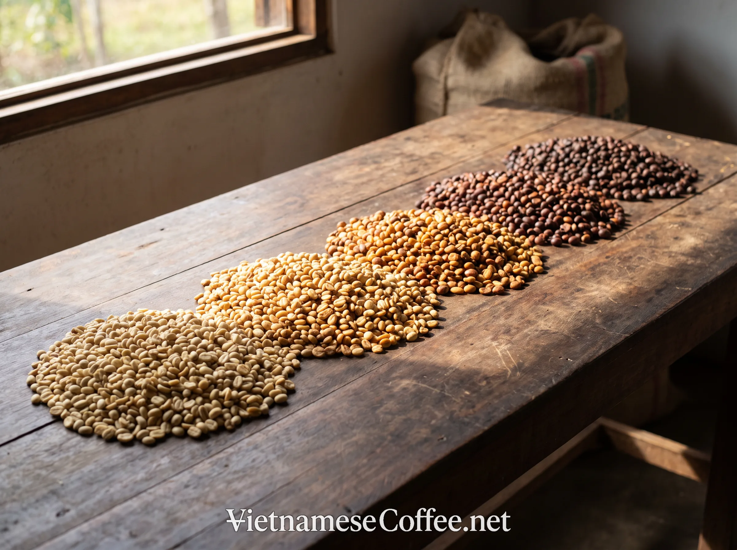 Dried honey-processed coffee beans ranging from light to dark in color