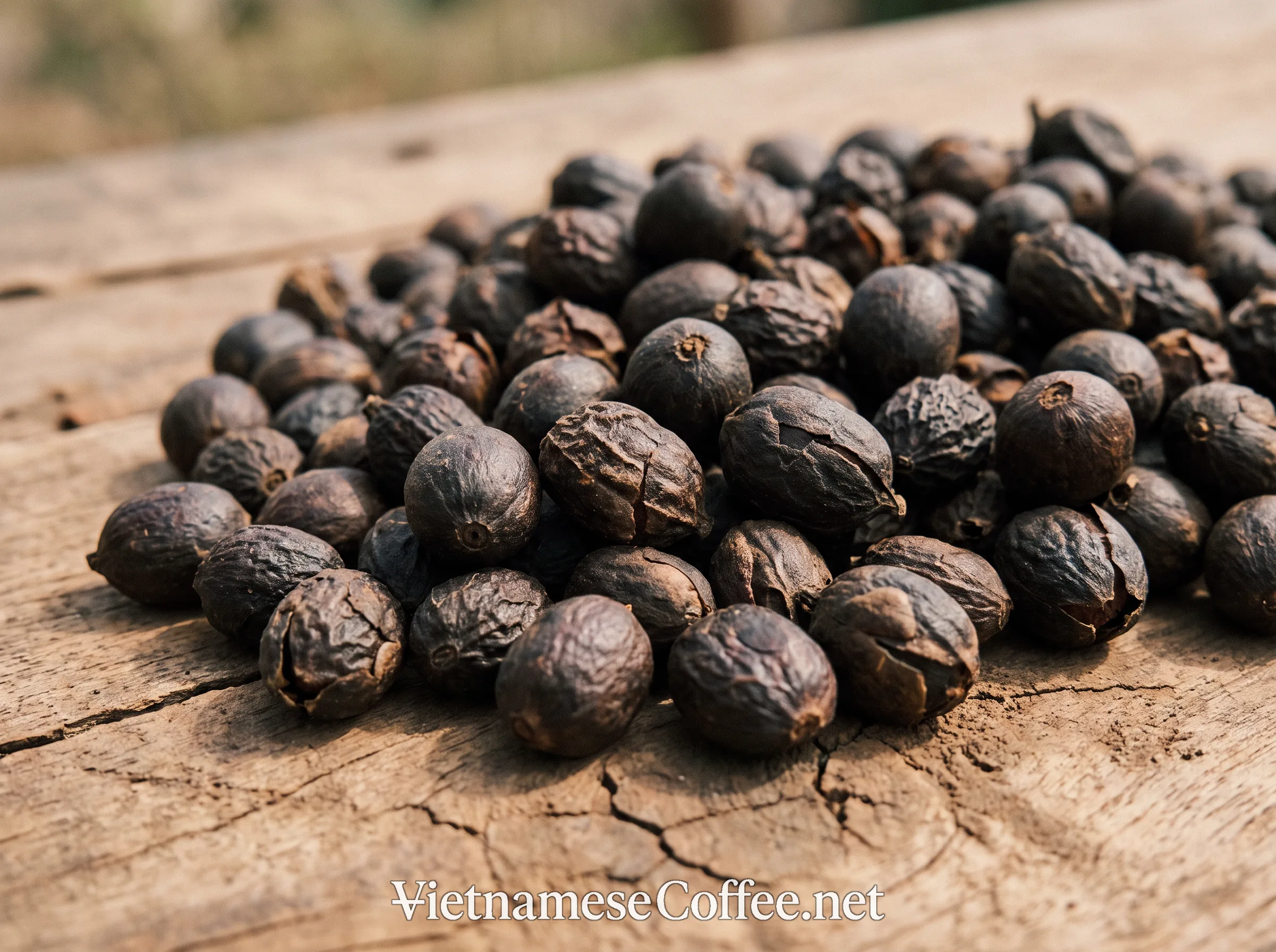 Dried, shriveled coffee cherries ready for hulling