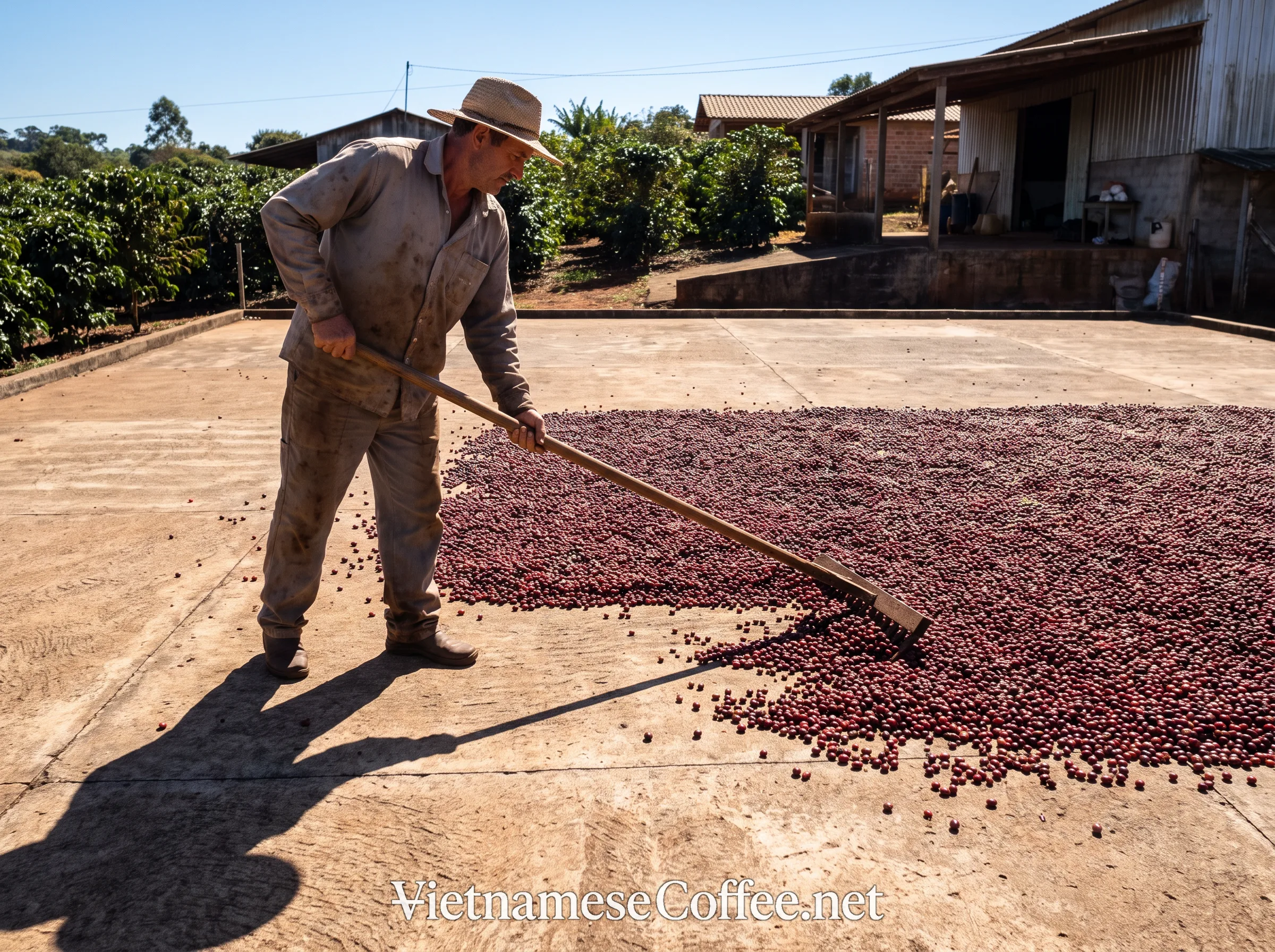 A farm worker raking whole coffee cherries on a drying patio