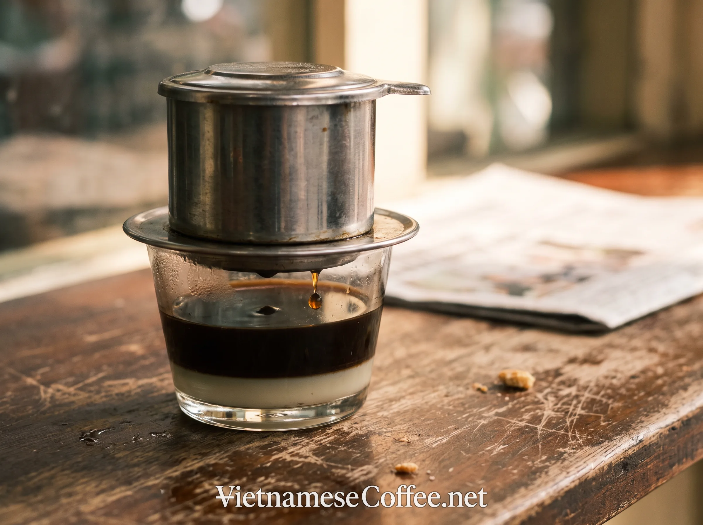 A metal phin filter dripping coffee onto condensed milk in a small glass
