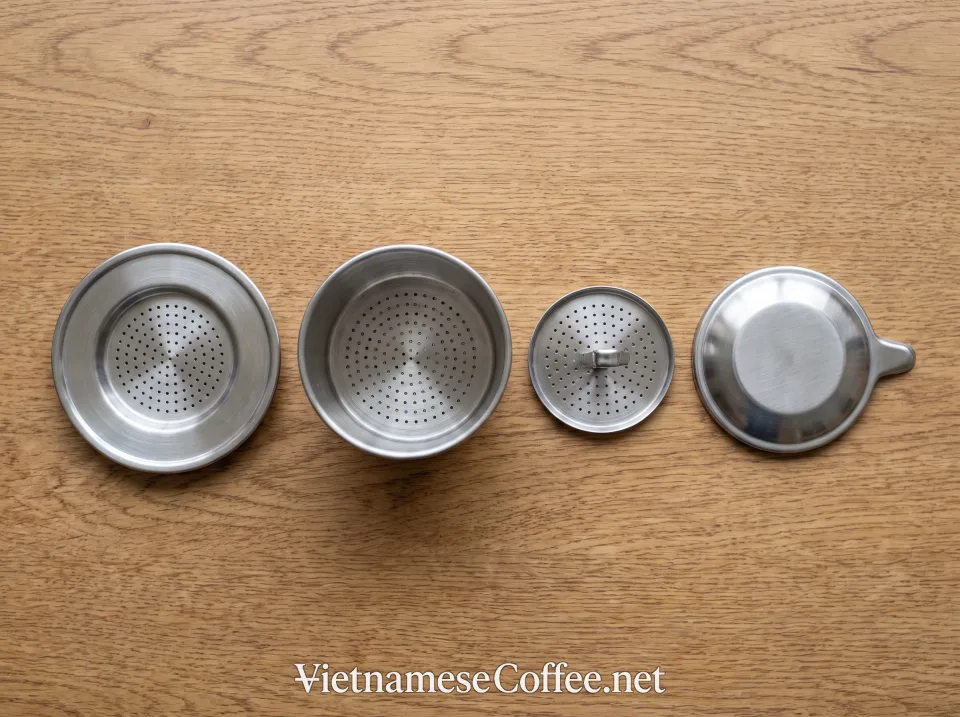 The four parts of a Vietnamese phin filter laid out separately