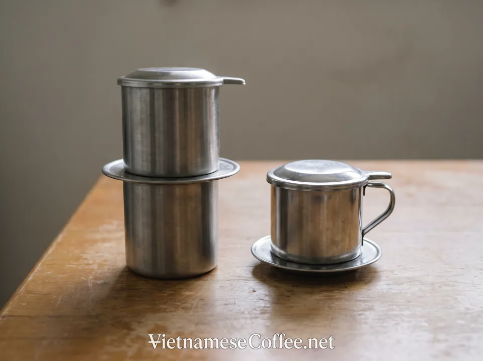 Two Vietnamese phin filters of different sizes side by side