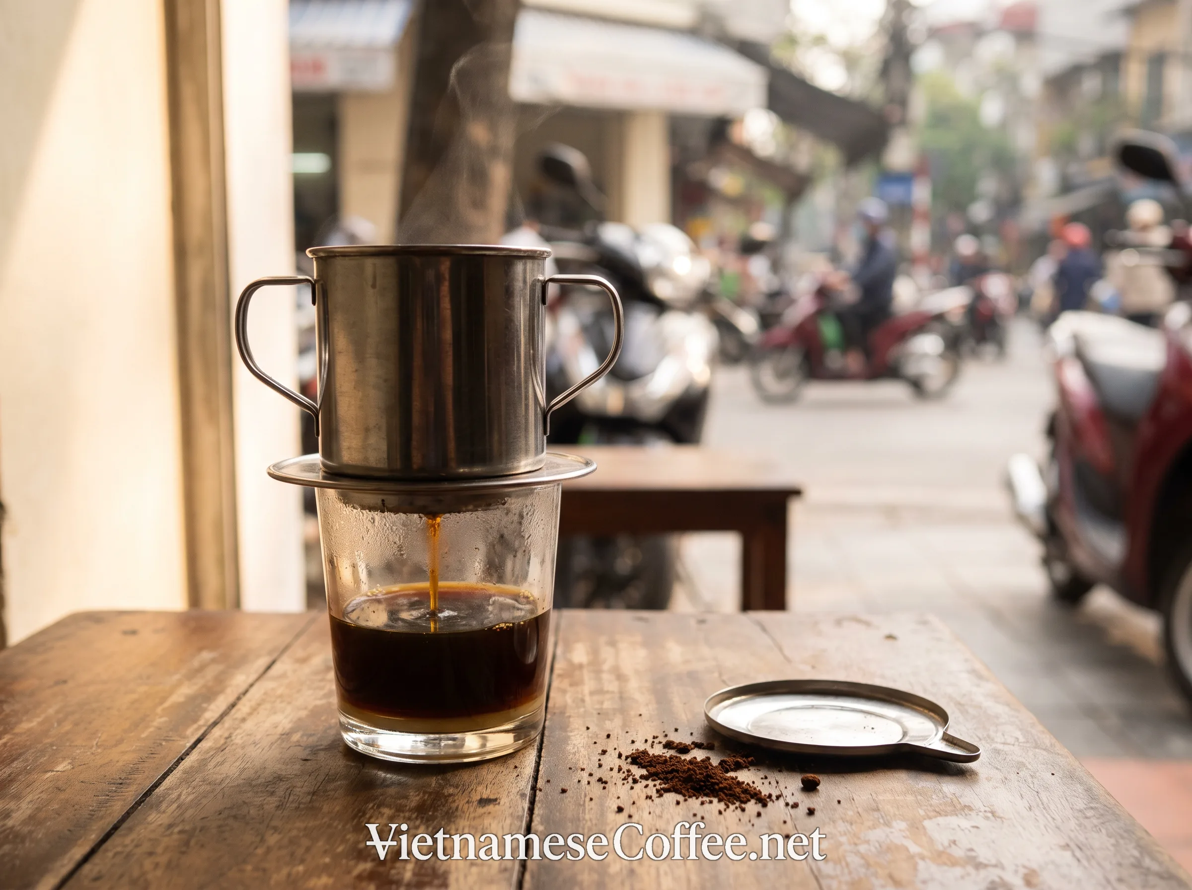 A metal phin filter brewing dark Robusta Culi coffee into a glass
