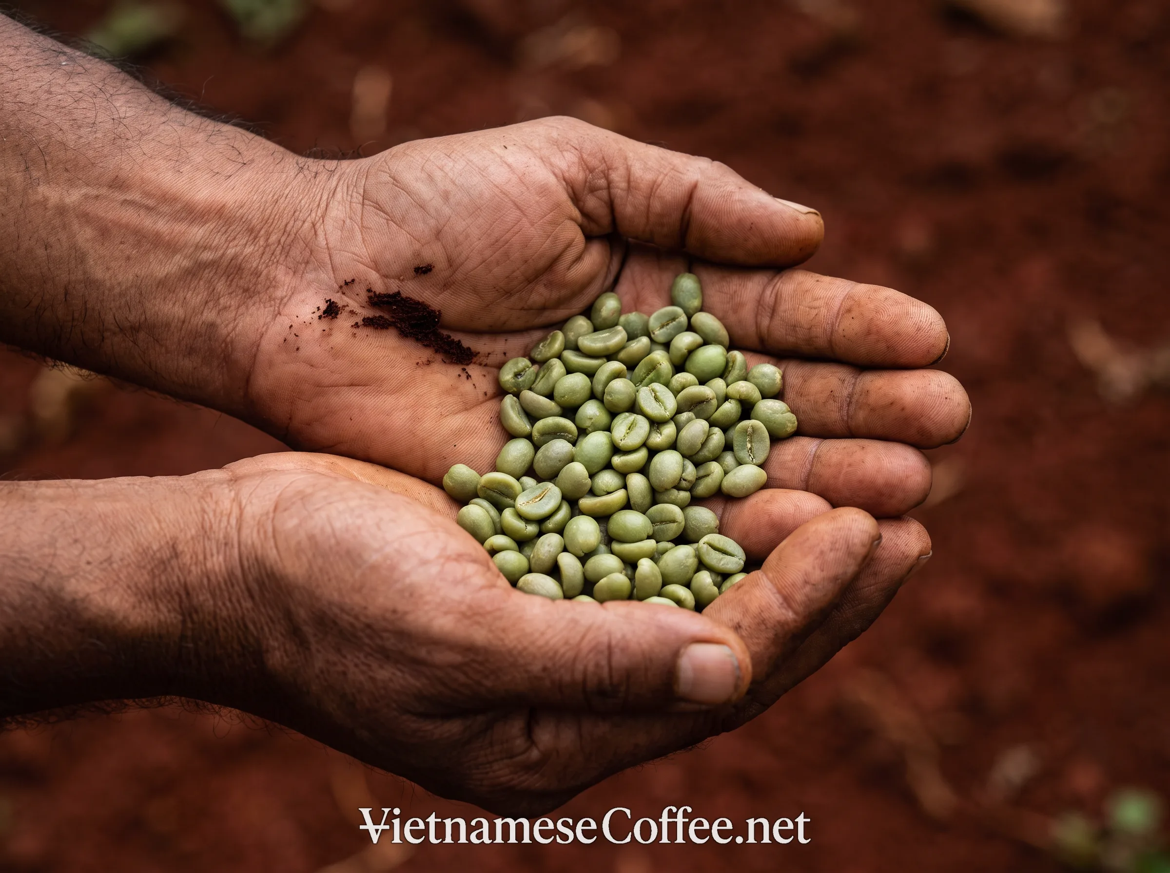 A handful of round, raw green robusta coffee beans