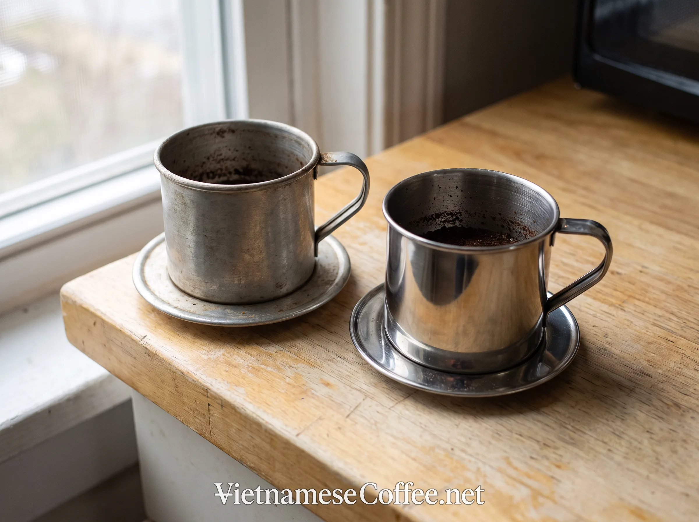 An aluminum phin filter and a stainless steel phin filter side by side