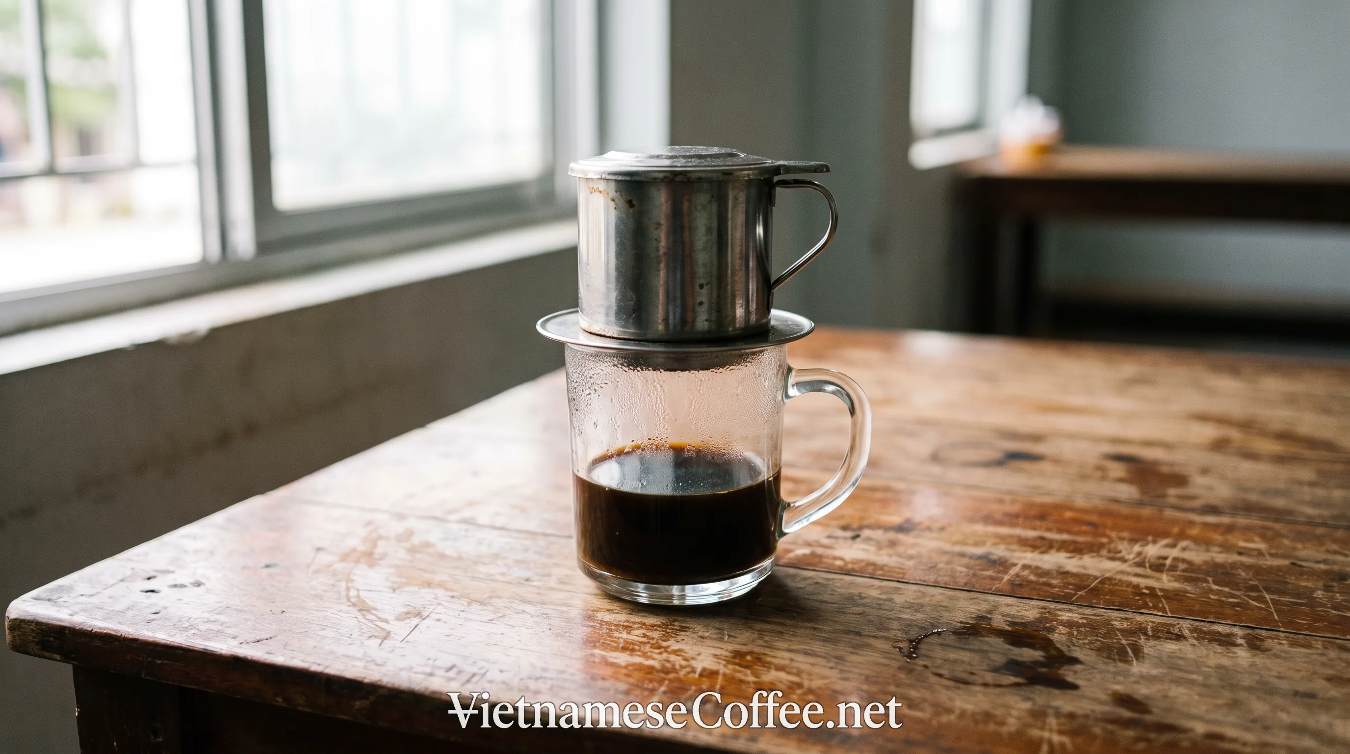 A stainless steel Vietnamese drip filter resting on top of a glass mug