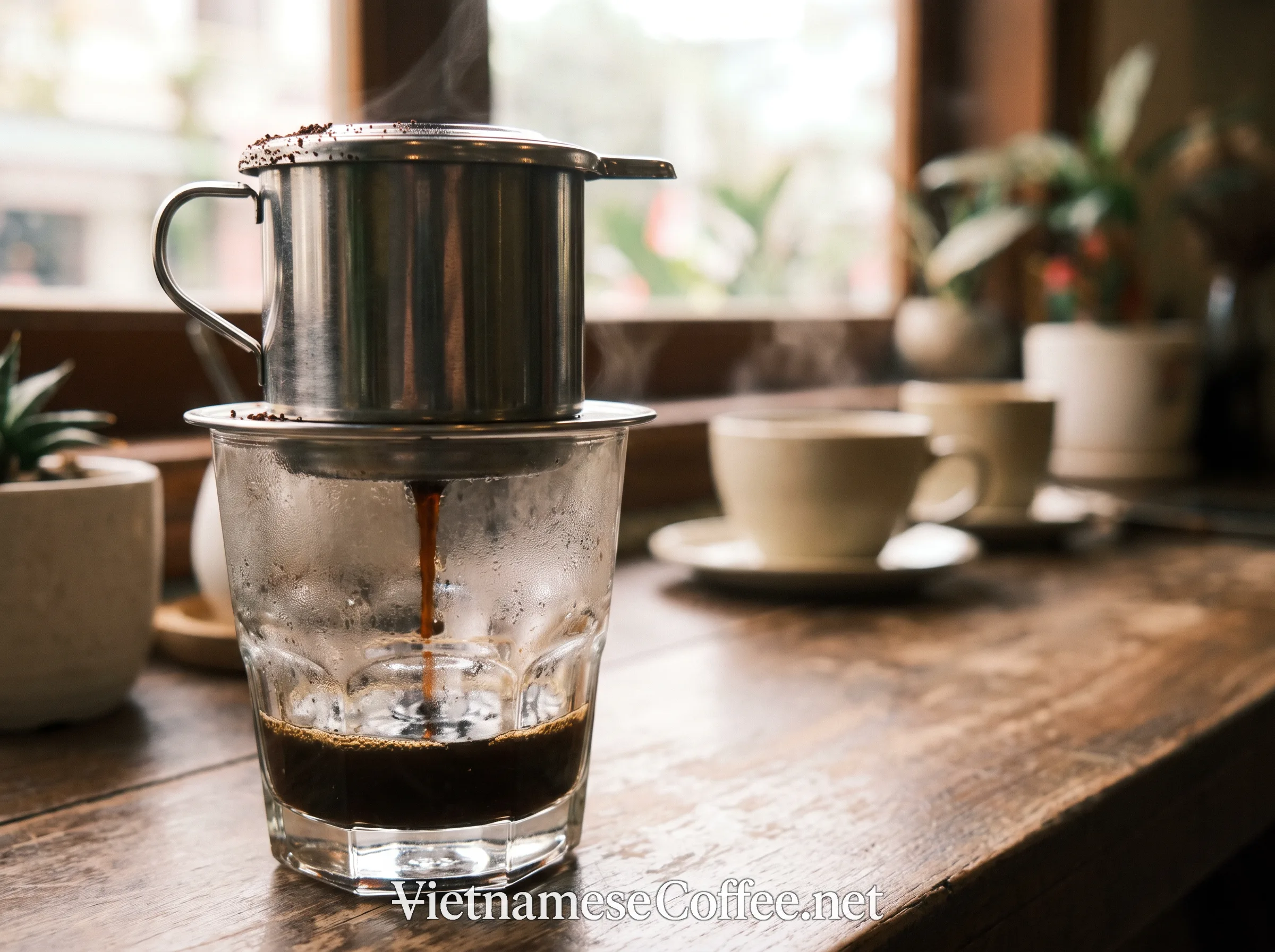 A traditional phin filter brewing dark, rich simulated weasel coffee