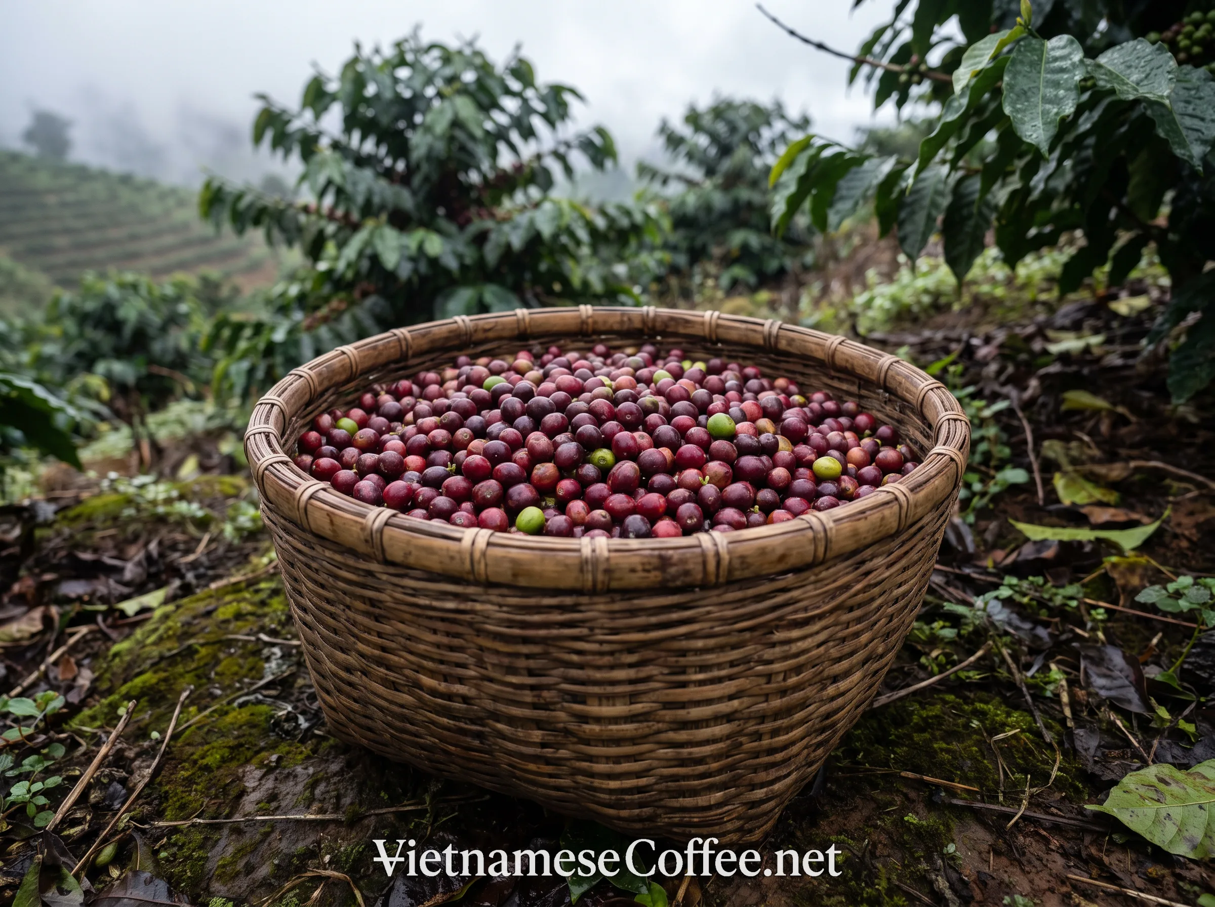 A basket of freshly picked Arabica coffee cherries at a highland Vietnamese farm