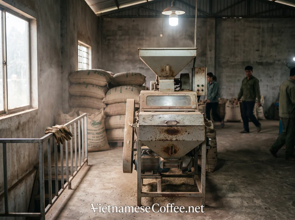 Older-generation coffee processing equipment in active use at a Vietnamese facility