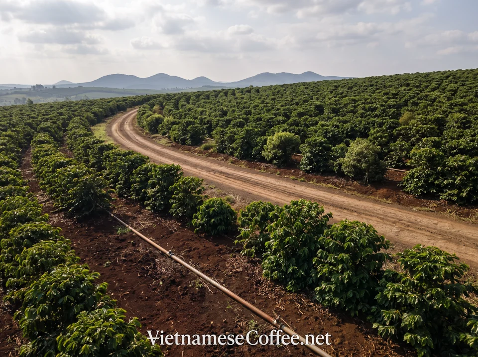 Wide view of mature coffee plants across a hillside in Vietnam's Central Highlands