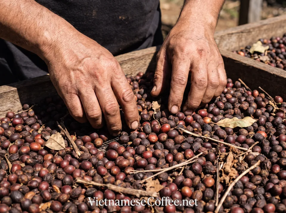 Worker hand-sorting sun-dried Kon Tum coffee cherries on a wooden rack