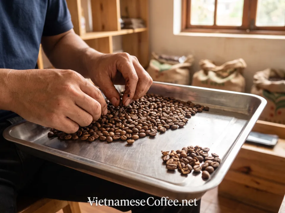 A worker hand-sorting roasted Lâm Đồng arabica coffee beans on a metal tray