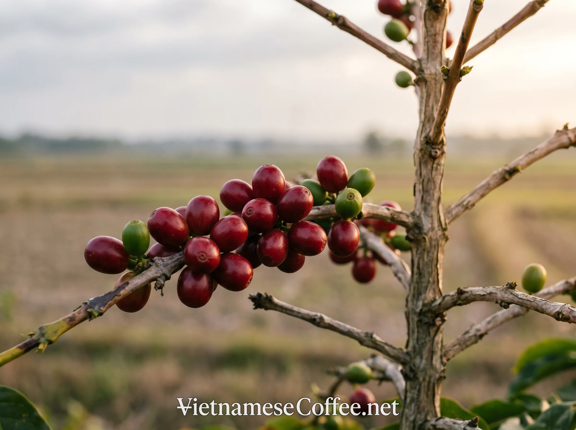 Arabica coffee cherries on a low-altitude Vietnamese coffee tree